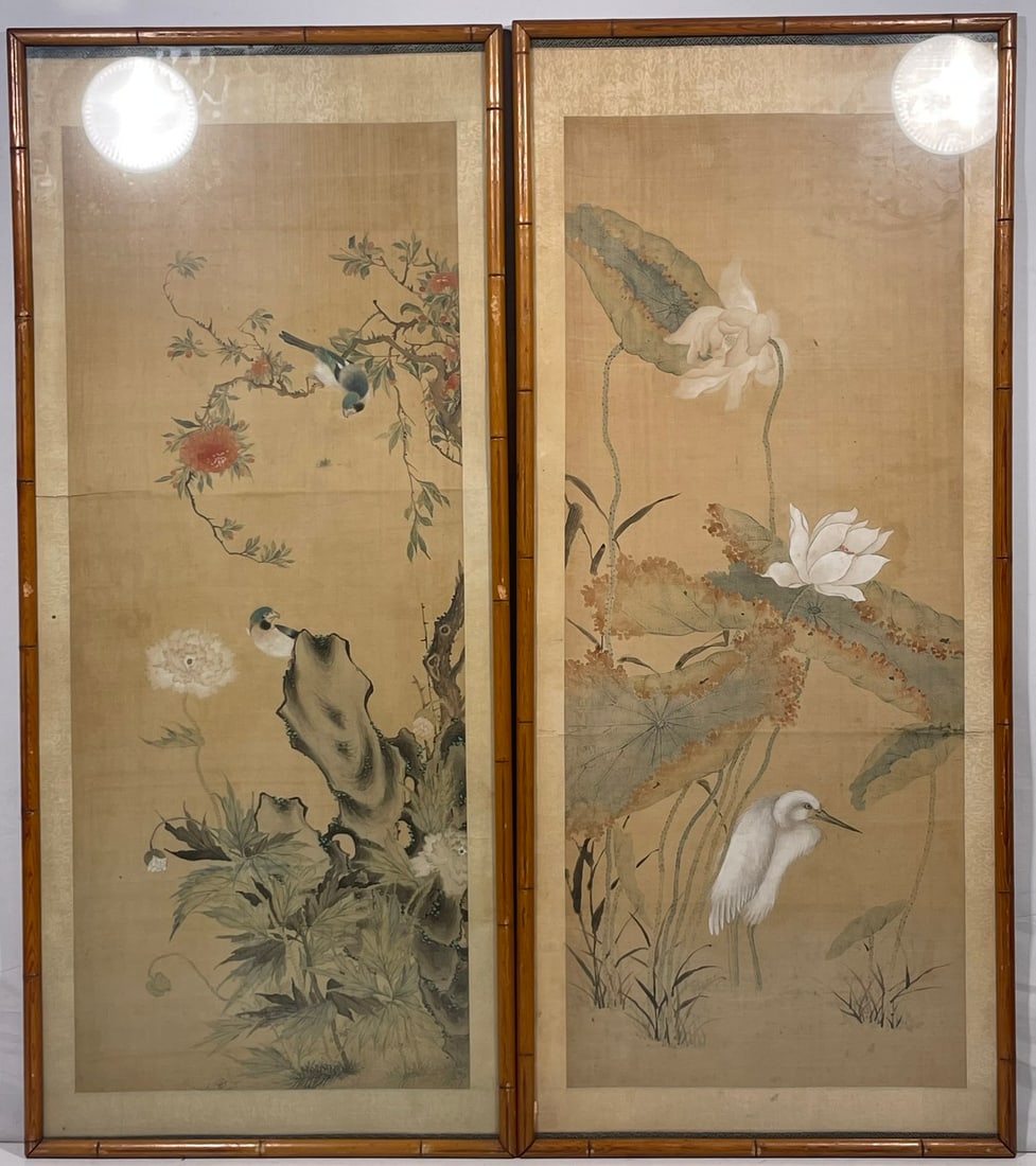 Two Chinese Paintings of Birds and Trees: No signature. 43.3/4 in. x 19.1/4 in. overall including the frame each.