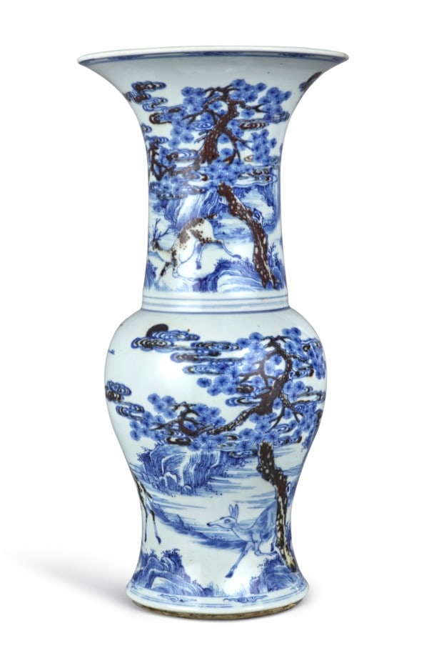Sotheby's Provenance: A Chinese Underglaze-Blue and Copper-Red 'Deer and Crane' Phoenix-Tail Vase,: The base with a double circle in underglaze blue. 17.7/8 in. high. Provenance: Christie's New York, 9th & 11th May 1981, lot 179; Sotheby's New York, 25 March 2026, lot 190.