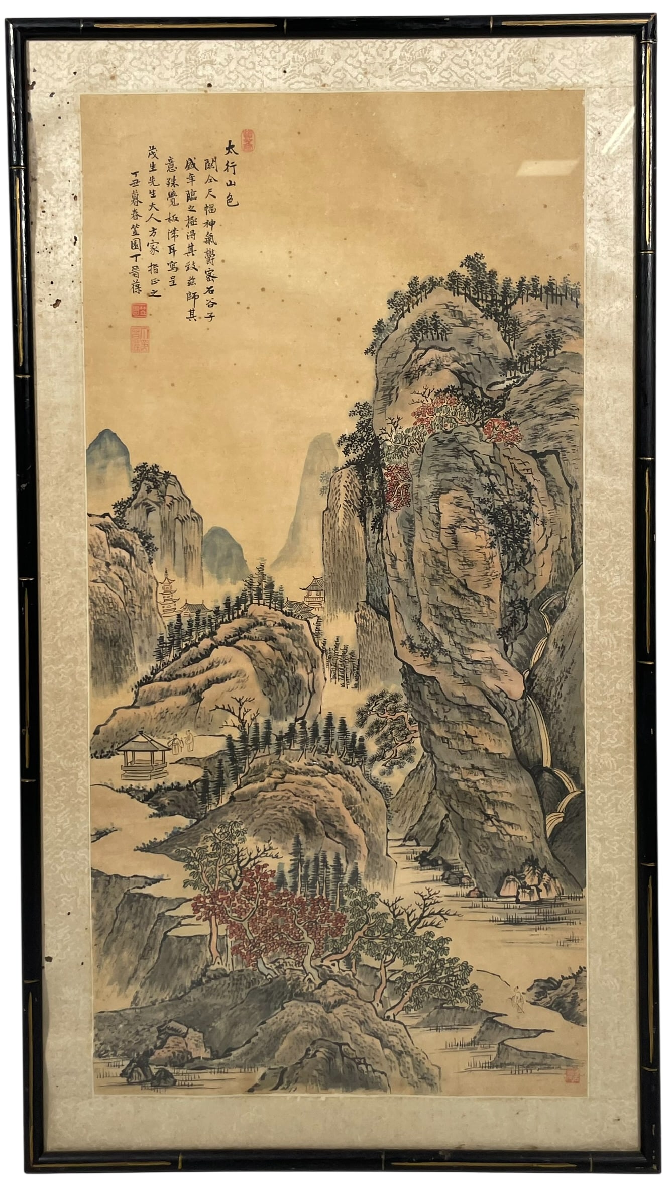A Chinese Painting of Landscape, Signed Ding Jinbao: Ink and color on paper, signed Ding Jinbao with four seals. 33.1/2 in. x 16.1/2 in. for the painting, 38.1/2 in. x 21.1/4 in. for the frame.
