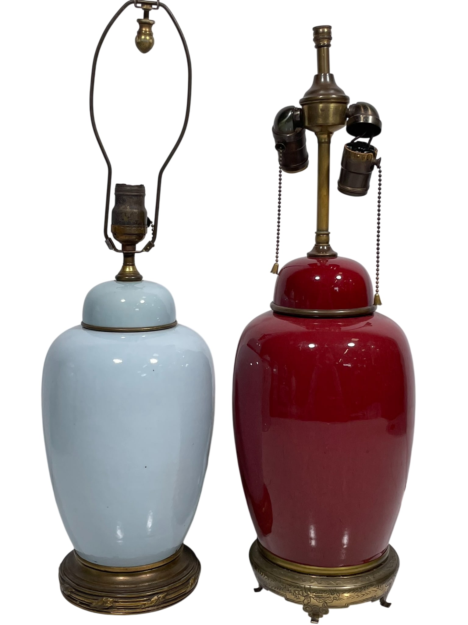 Two Chinese Porcelain Jars and Covers: Both mounted as lamps. The red-glazed one measures 12 in. high, 7.1/4 in. wide for the jar and cover, 23 in. high, 7.1/4 in. wide overall; the other measures 11.1/2 in. high, 7 in. wide for the jar an