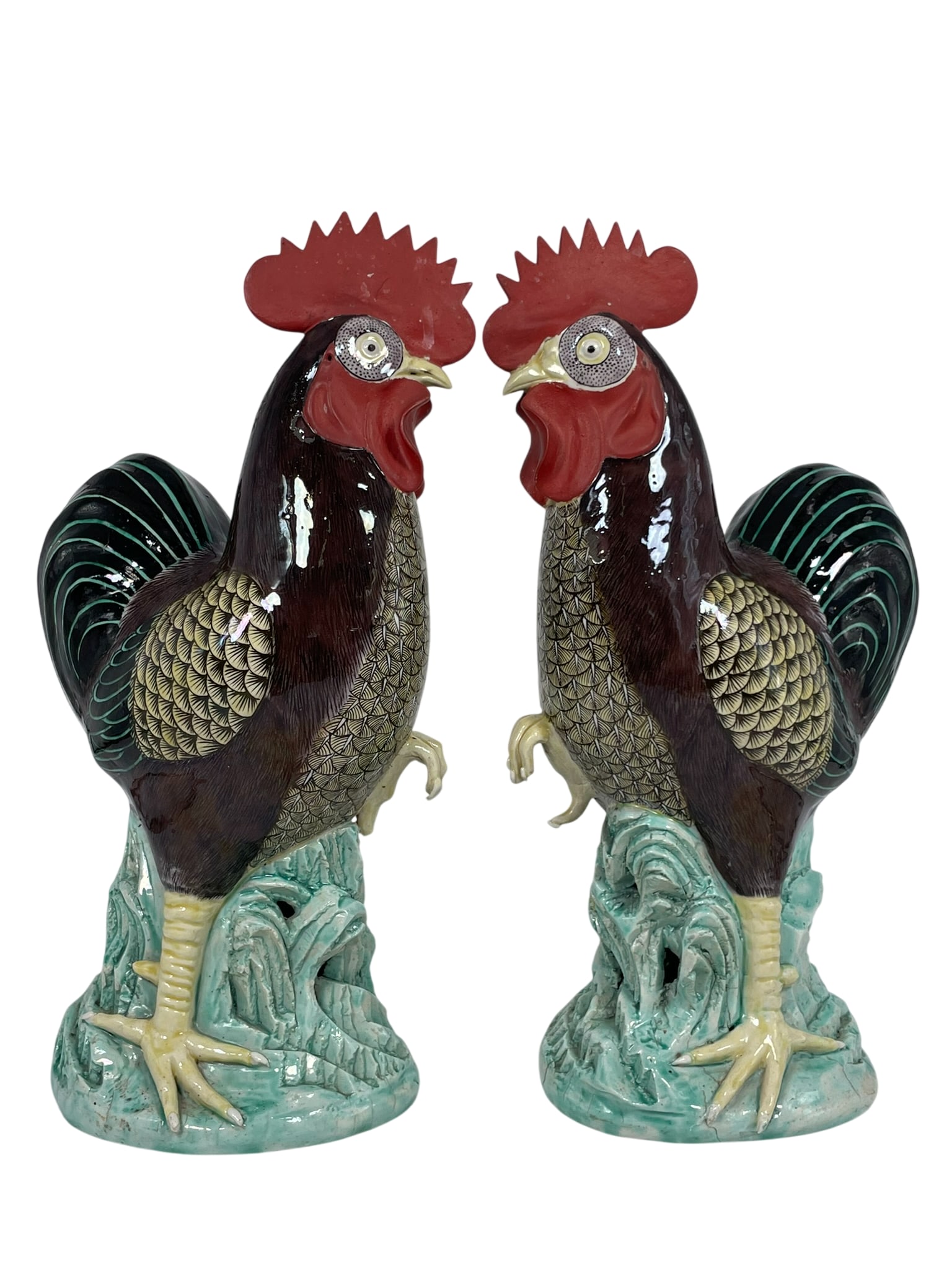 A Pair of Chinese Famille Verte Porcelain Figures of Roosters: 12.3/4 in. high, 6.1/2 in. wide each.