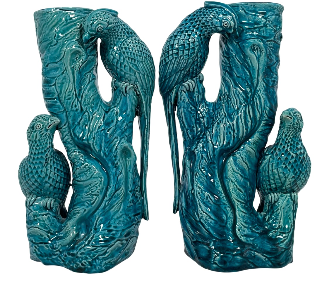 A Pair of Chinese Turquoise-Glazed 'Birds and Tree' Vases: 10.3/8 in. high, 5.1/4 in. wide each.