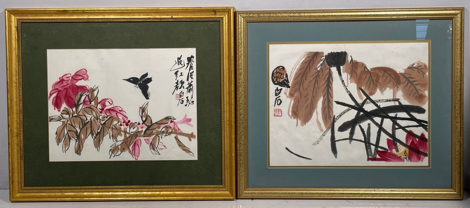 Two Paintings, After Qi Baishi: The larger one measures 26.1/2 in. x 22.1/2 in. overall including the frame; the smaller one measures 26 in. x 22.1/2 in. overall including the frame.