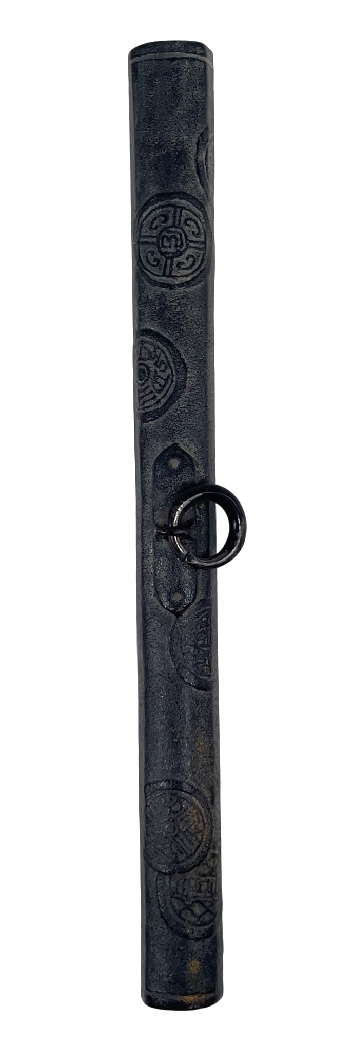 A Chinese Cast-Iron Scholar's Weight, Qing Dynasty, 19th Century: With Auspicious medallions and suspension ring. 11.1/2 in. long, 1 in. wide, 592 grams. Provenance: Yi Bao Tang Collection, North America.