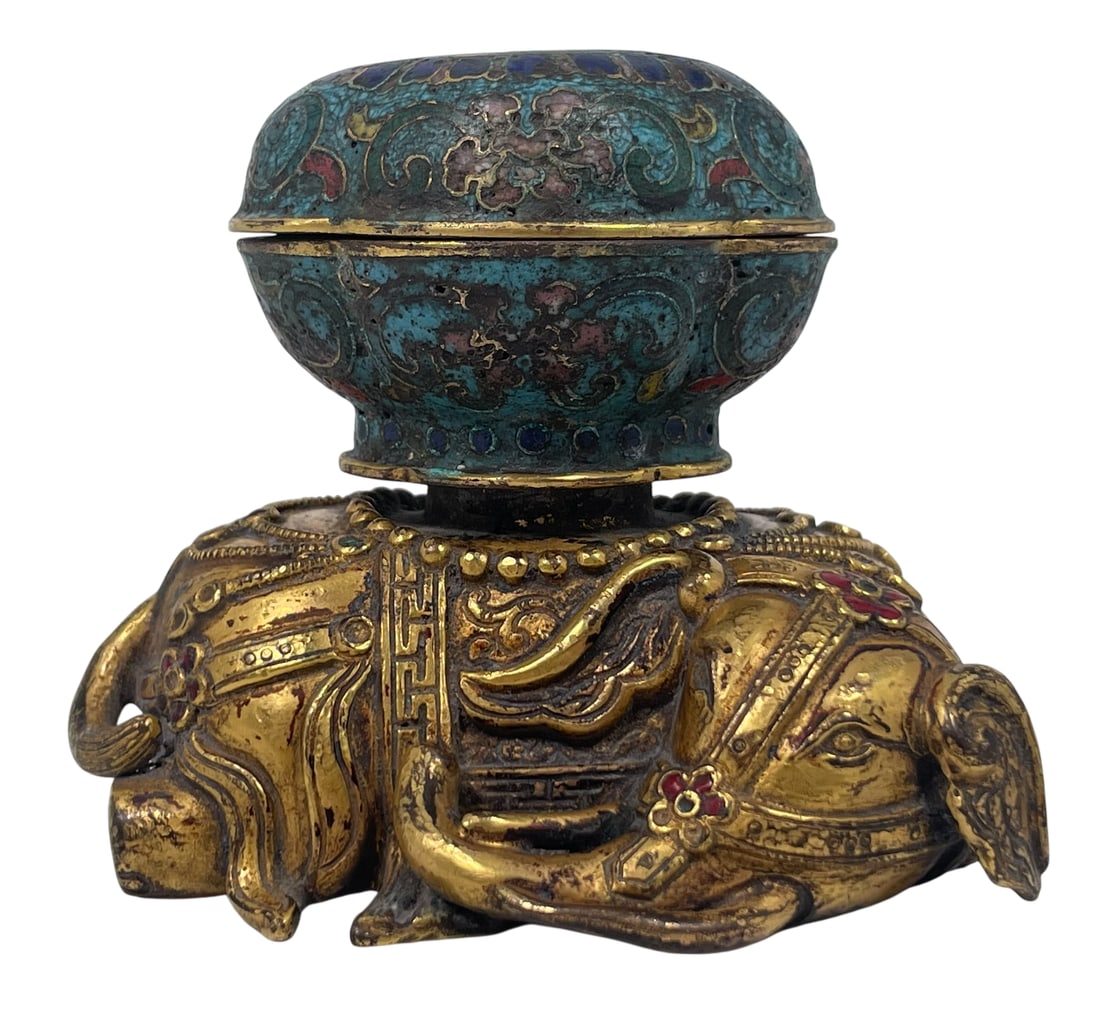 A Chinese Gilt-Bronze, Cloisonne Enamel 'Elephant' and Box and Cover: 3 in. high, 3.1/2 in. wide.