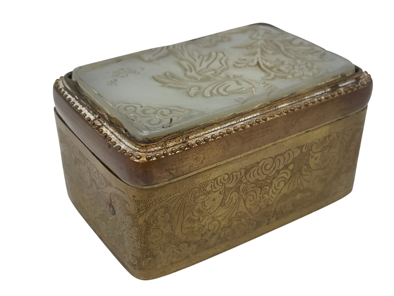 A Chinese Jade Plaque-Inset Brass Rectangular Box: 1.3/4 in. high, 3.1/8 in. wide, 2.1/8 in. deep.