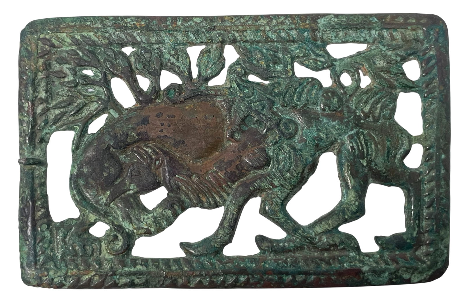 An Ordos Bronze Belt Buckle Plaque: The plaque measures 4.3/8 in. long, 2.3/4 in. wide. With a cloth box.