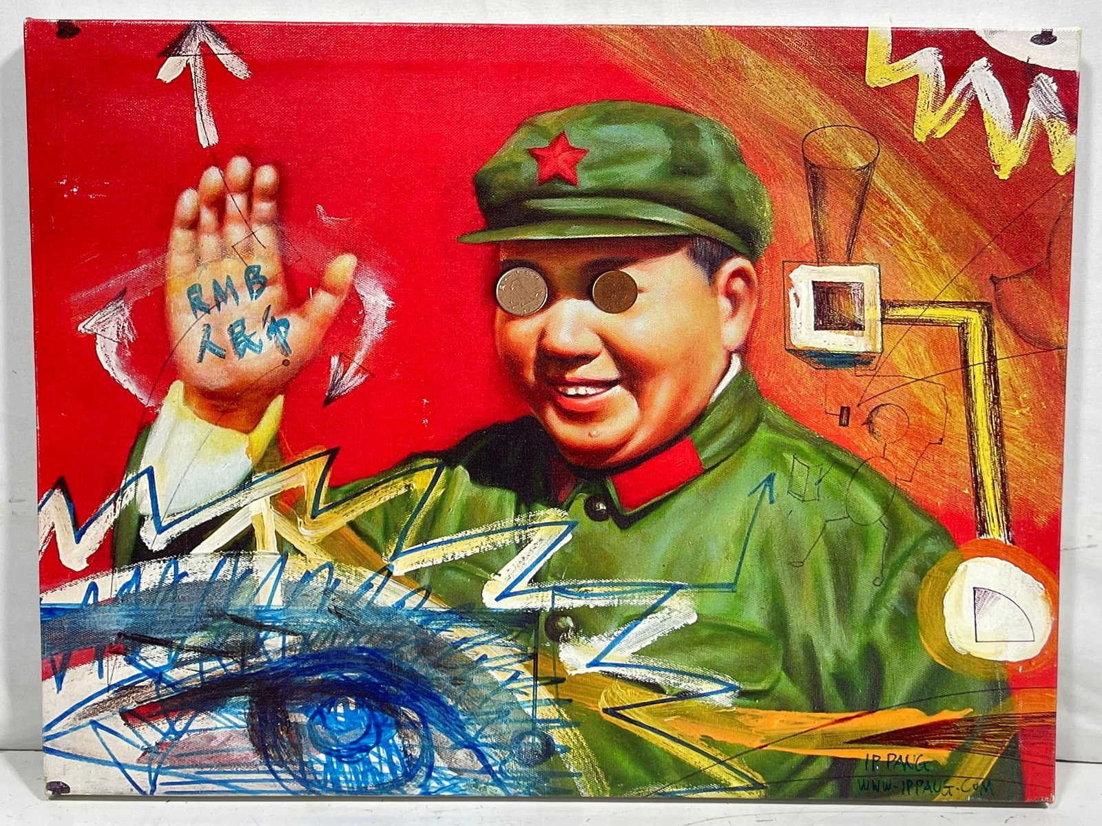 A Chinese Painting of Chairman Mao, a Signature IP Pang: Mixed media on canvas. Ip Pang is a contemporary Chinese painter raised in Hong Kong, where he received his early art education and earned several local and international awards. He graduated from the