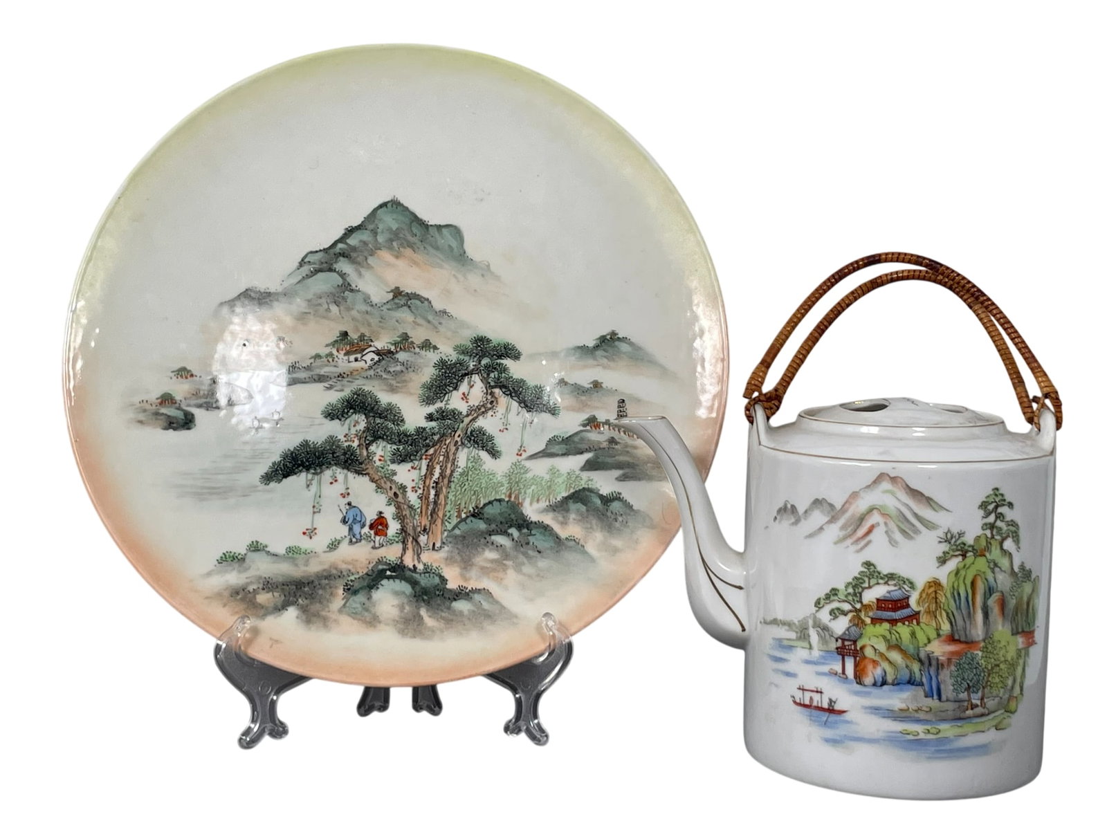 Two Chinese Famille Rose Porcelain Ware, 20th Century: Comprising a large dish, 10.3/4 in. diam.; the teapot and cover measures 5.1/2 in. high, 6.1/2 in. wide.