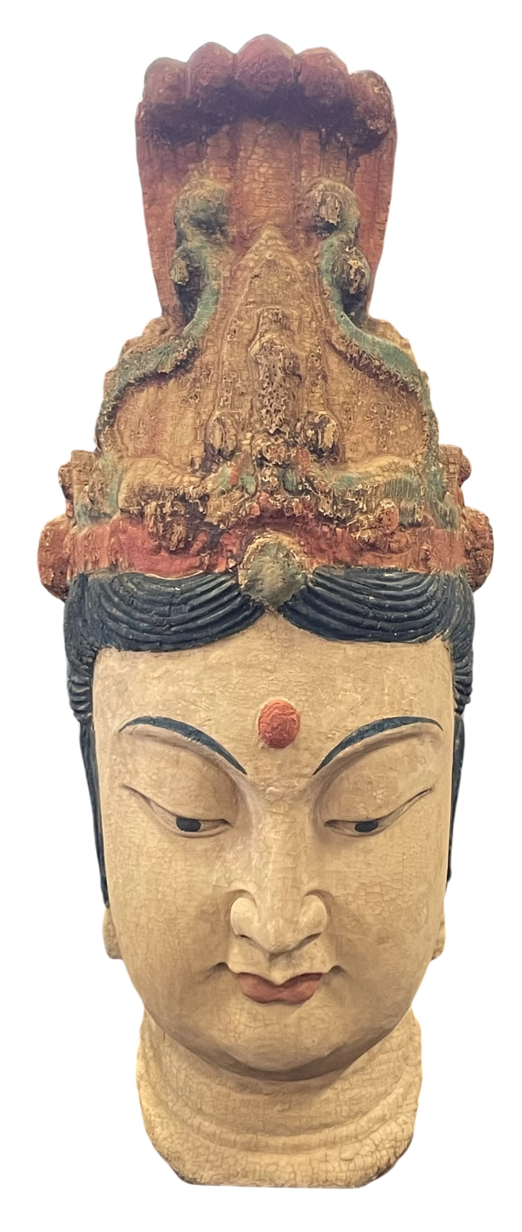 A Chinese Carved and Painted Wood Head of Guanyin: 31 in. high, 13 in. wide for the head; 41.1/2 in. high, 19 in. wide overall including the base.