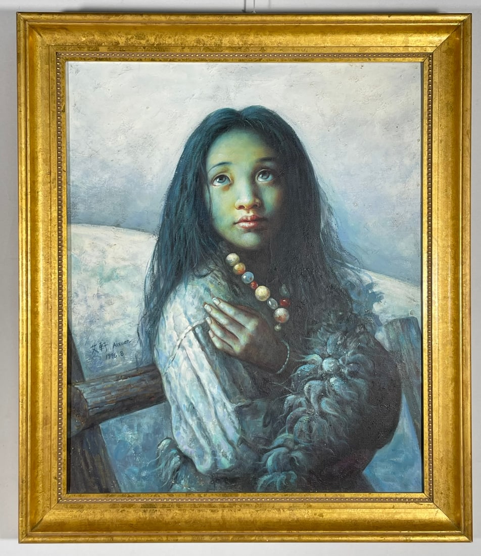 A Chinese Painting of Tibetan Girl, a Signature Ai Xuan: Ai Xuan (b. 1947) is a prominent Chinese painter known for his evocative and highly realistic depictions of Tibetan life and landscapes. He graduated from the Preparatory School of the Central Academy