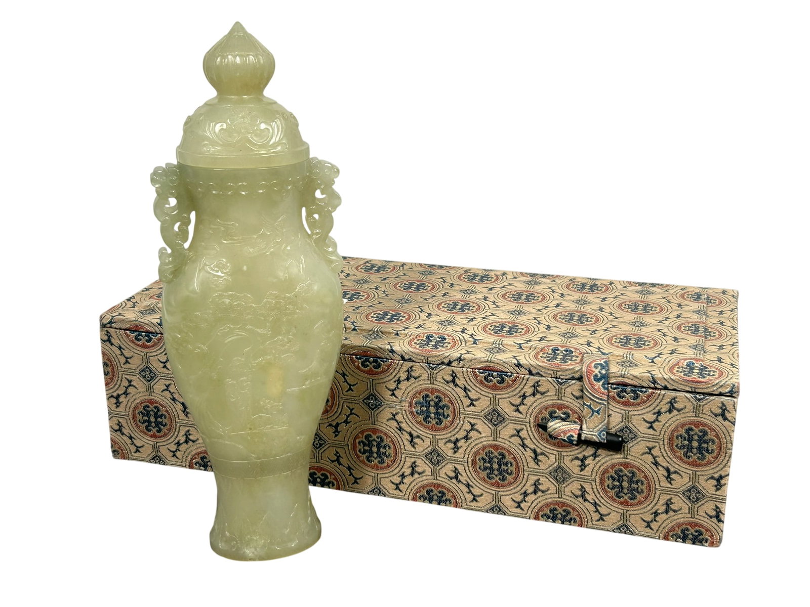 A Chinese Carved Celadon Jade 'Immortal' Vase and Cover, Qing Dynasty (1 of 16)