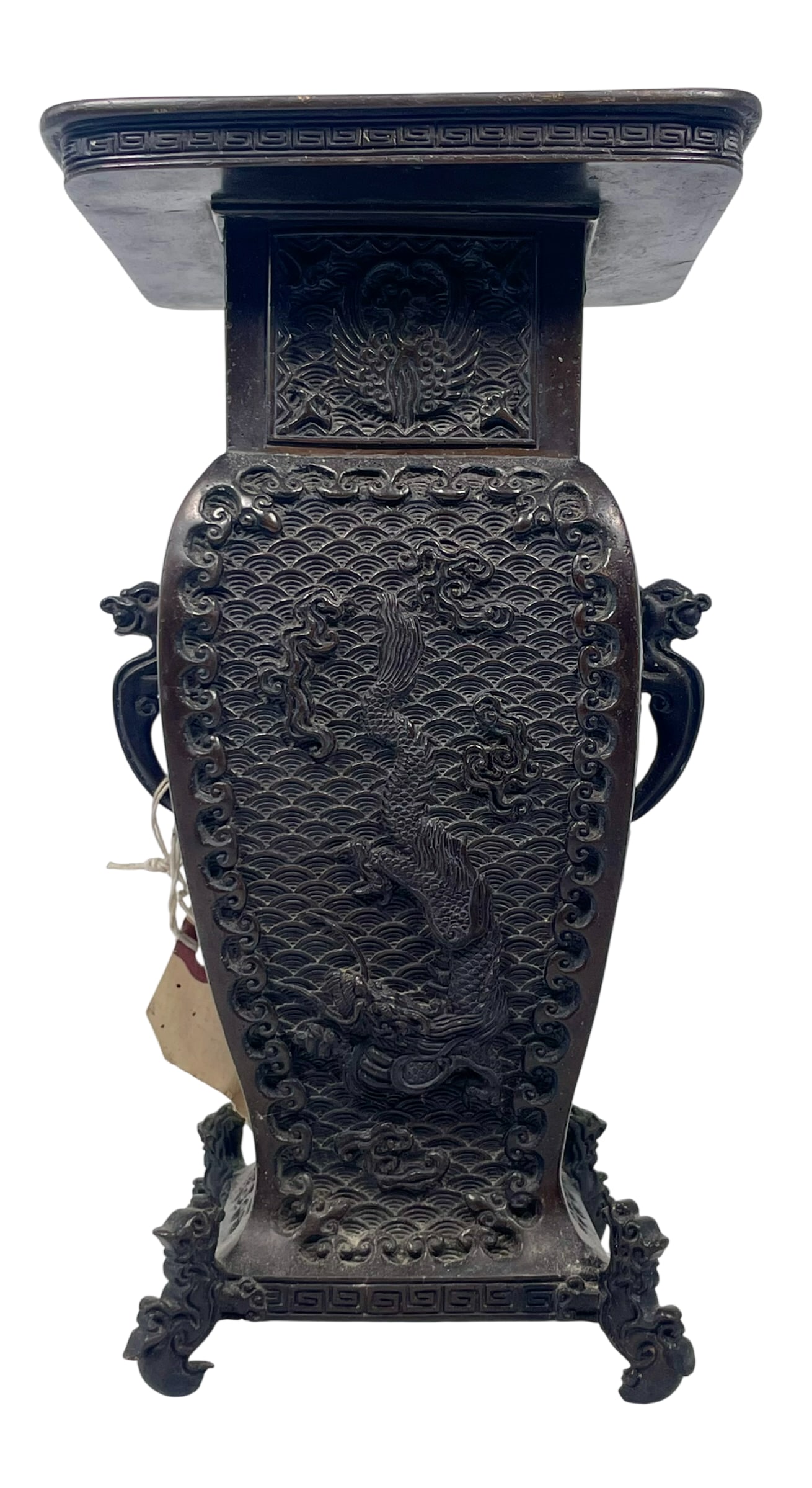 A Vintage Japanese Bronze 'Dragon and Phoenix' Square Vase: 10.5/8 in. high, 6 in. square.