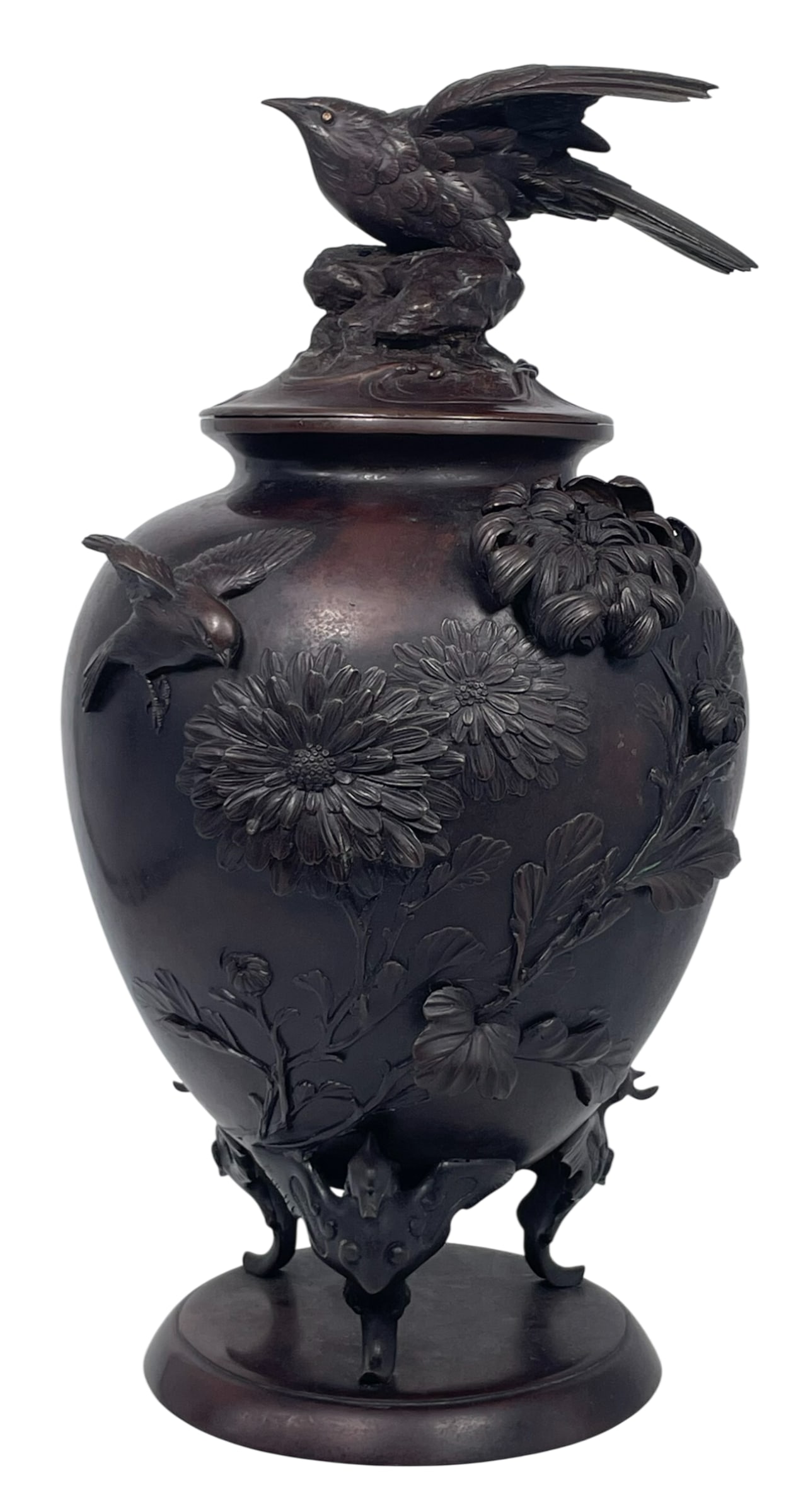 A Japanese Mixed Metal 'Bird and Flower' Vase and Cover, a 'Hidemitsu Kansei' Mark (1 of 15)