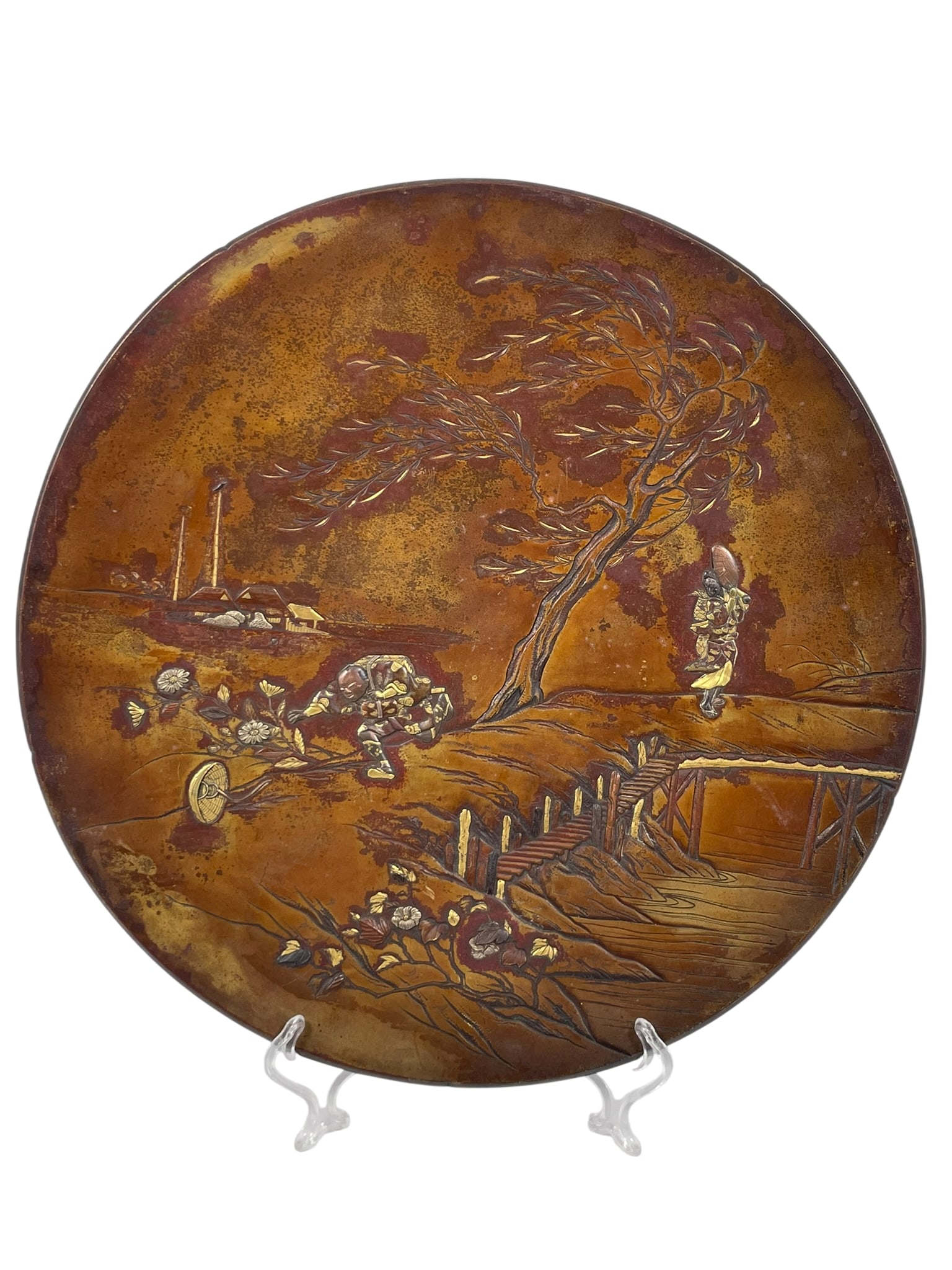 A Japanese Inlaid Mixed Metal Dish, Nogawa Company Mark: 12 in. diam.