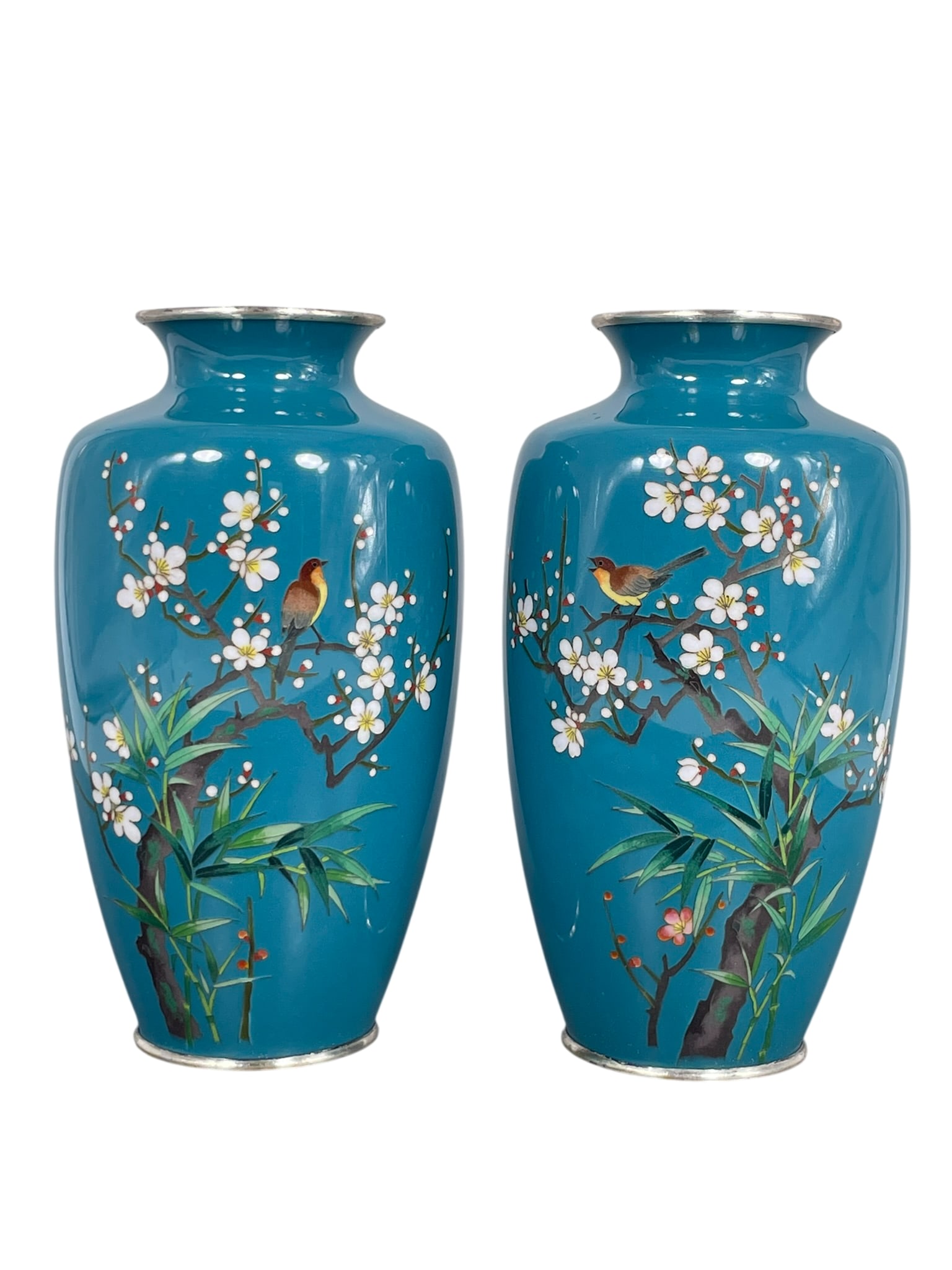 A Pair of Japanese Cloisonne Enamel Vases: 7 in. high, 4 in. wide each.