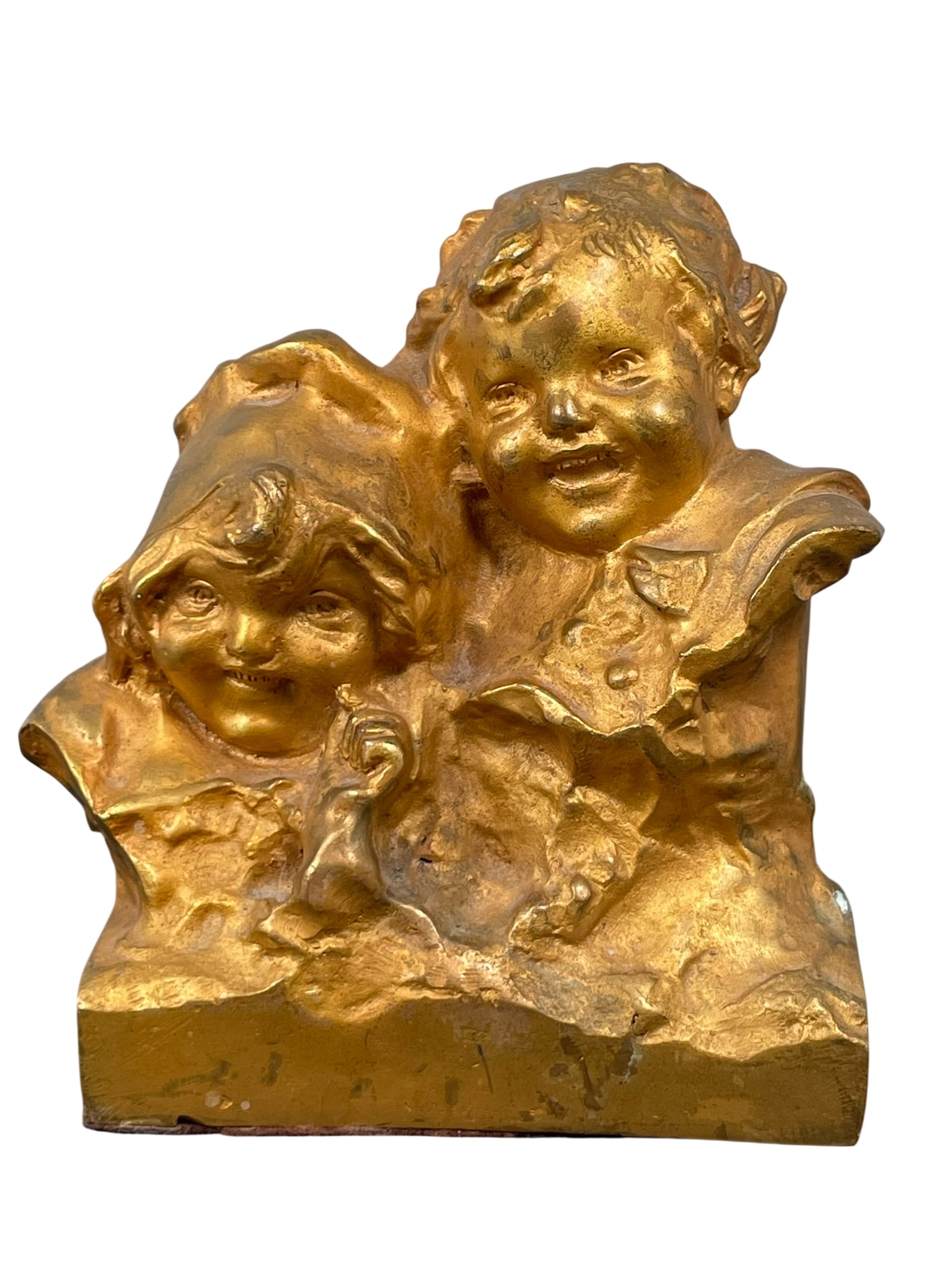 A Gilt-Bronze Sculpture 'Brother and Sister', A Mark 'Juan Clara': Juan Clara Ayats was an artist born in Spain in 1875 and deceased in 1958. 5.1/2 in. high, 5 in. wide.