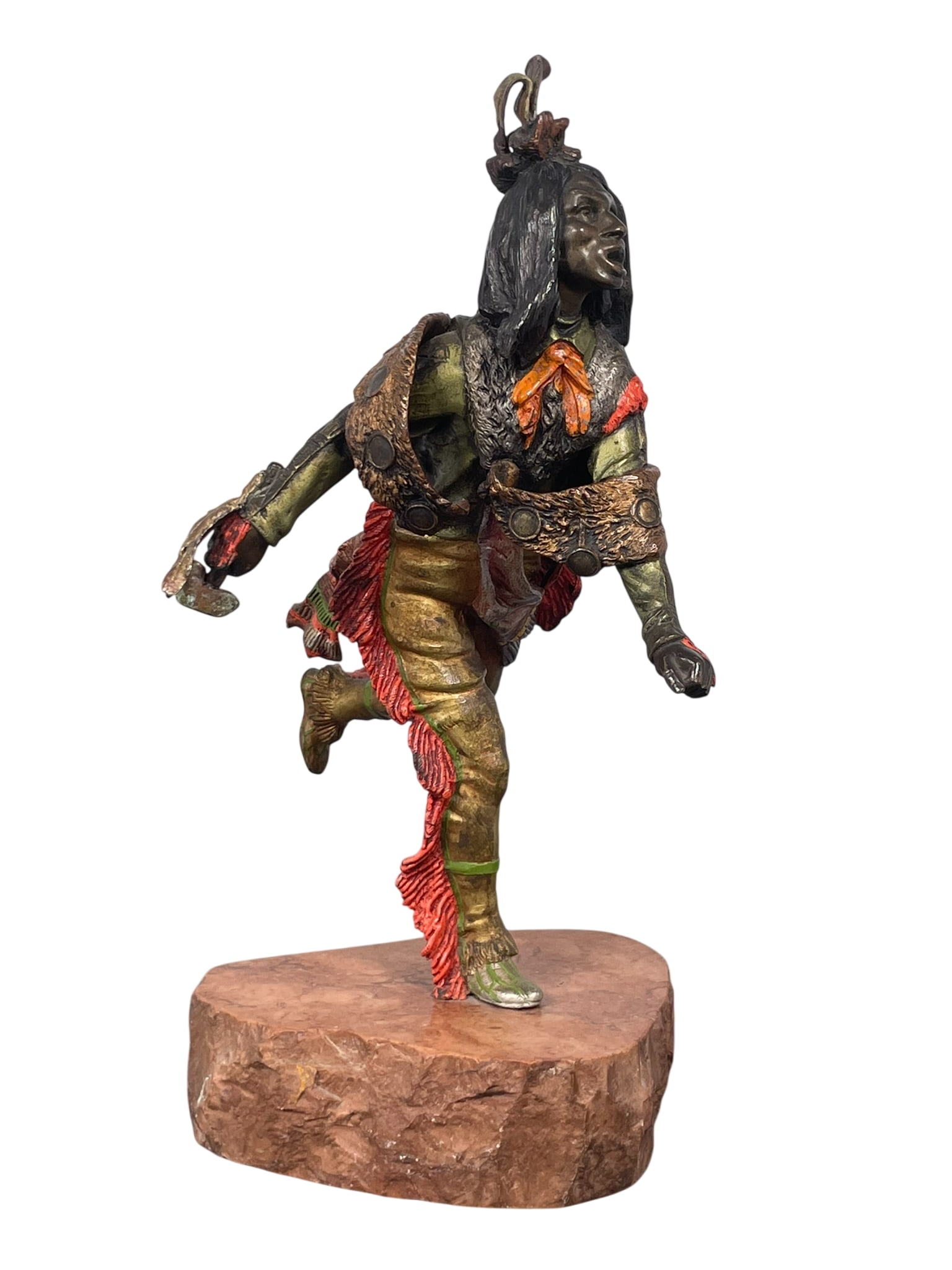 An Austrian-School Painted Bronze Figure of an American Indian: With a marble stand. A hallmark 'Austria' on the bottom of the left foot. 12 in. high, 6.1/2 in. wide overall including the stand.