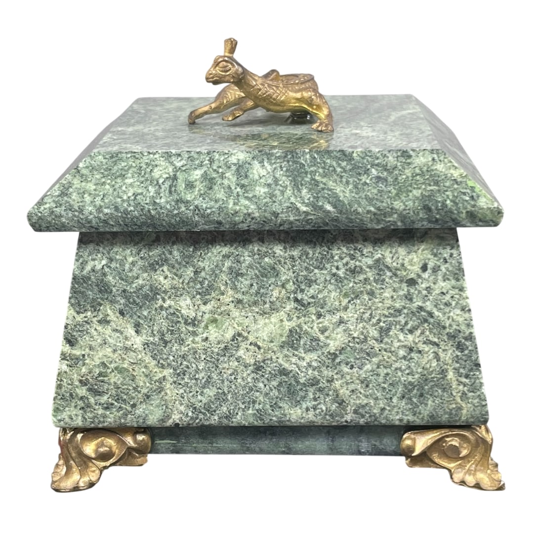 A Vintage Green Marble Box and Cover with Bronze Accents and Finial: 3 in. high, 3 in. square.