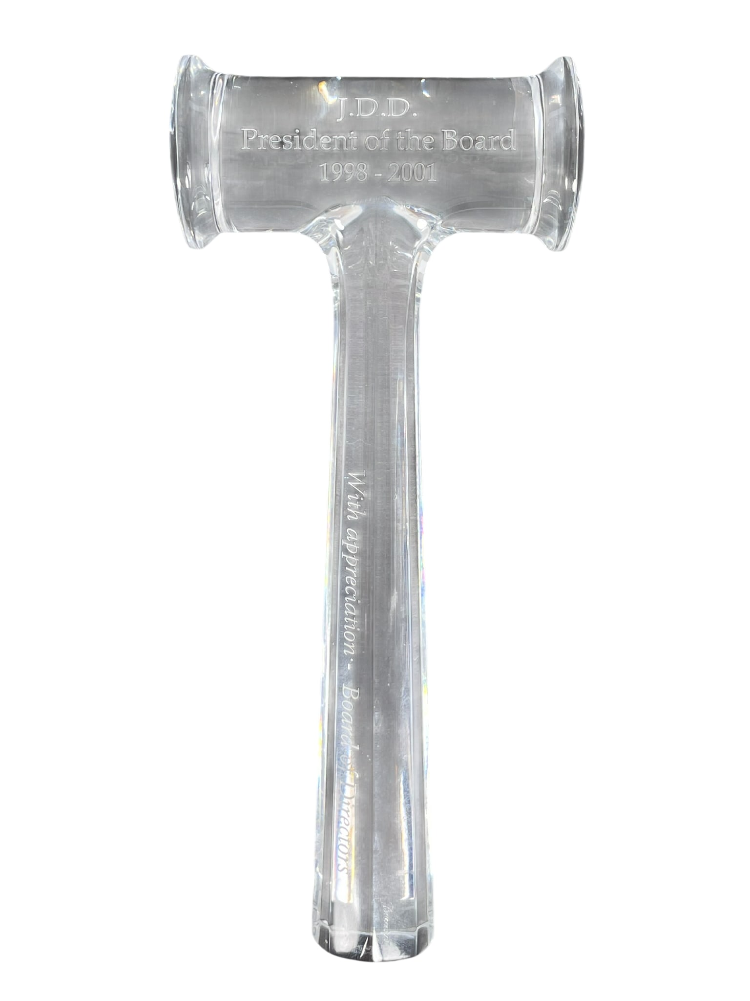 A Baccarat Crystal Gavel: Engraved with inscription 'J.D.D., president of the board 1998-2001, with appreciation - Board of Directors'; a mark 'Baccarat' near the end of the handle, and a round Baccarat mark to the end of the 