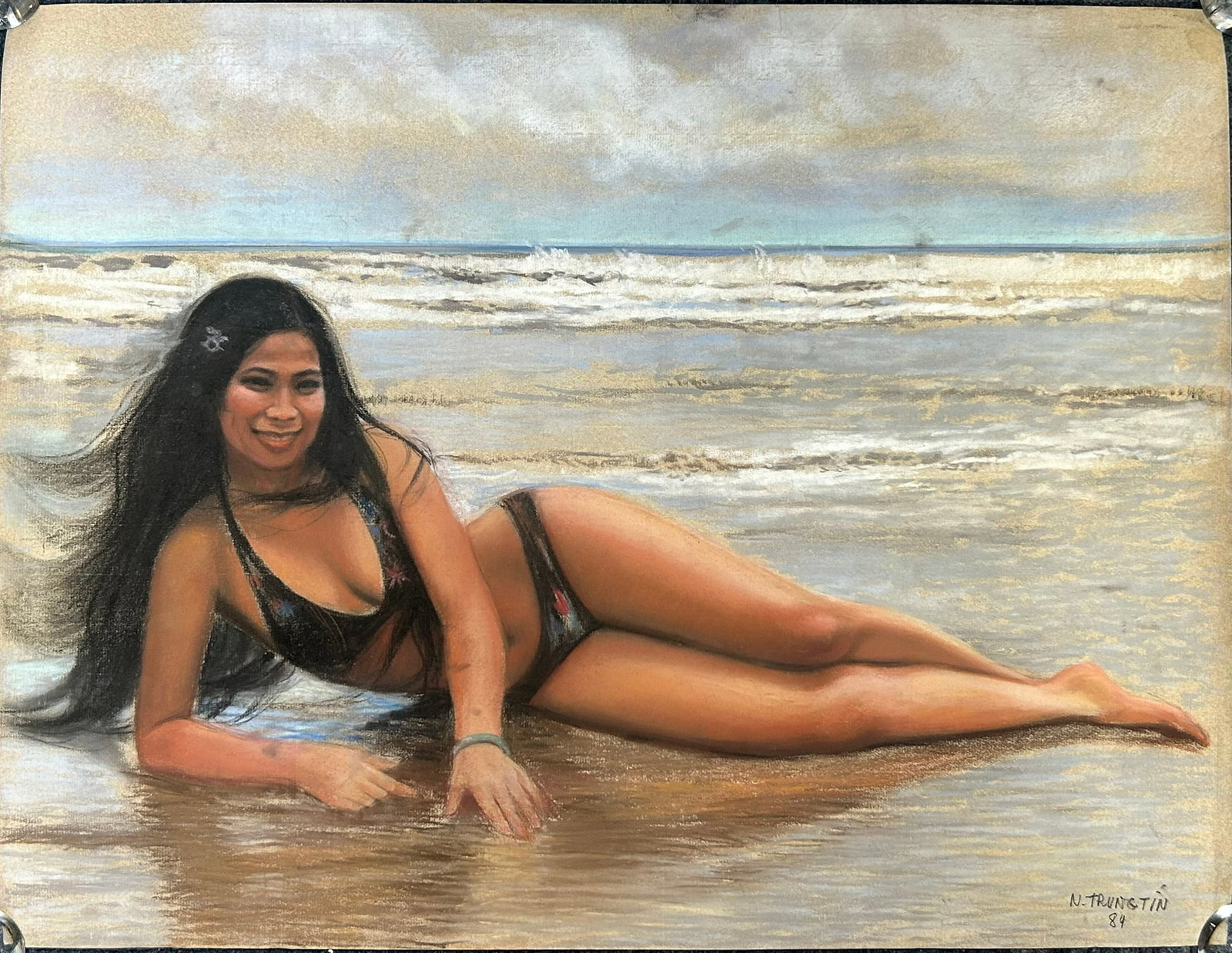 A Vietnamese Painting of a Lady in Swimming Suit, Nguyen Trung Tin: Nguyen Trung Tin (1933 - 2022) was a Vietnamese painter and educator born in My Tho, Tien Giang. A graduate of the Gia Dinh School of Applied Arts and the Saigon College of Fine Arts, he taught at the