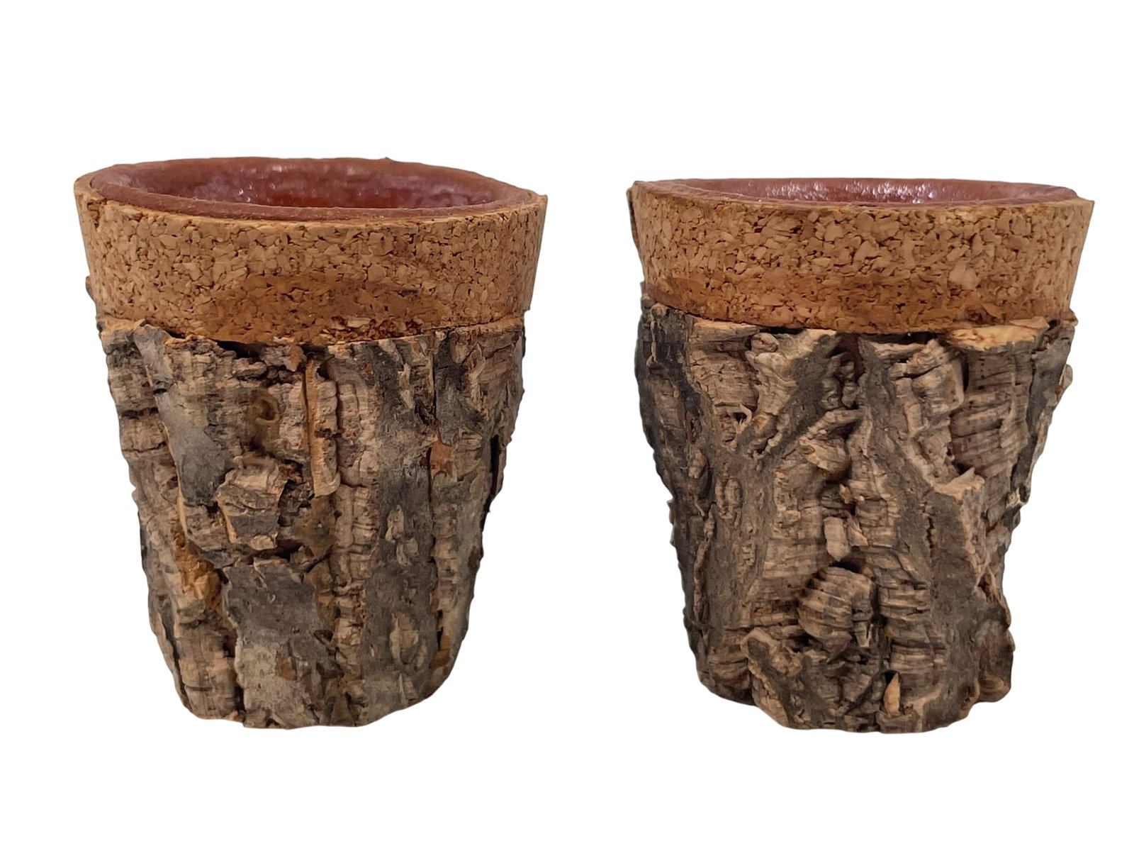 Two Tree Bark Shot Glasses, Mid 20th Century: 1.7/8 in. high, 1.5/8 in. wide each. A Private Collection of a Retiring University Professor.