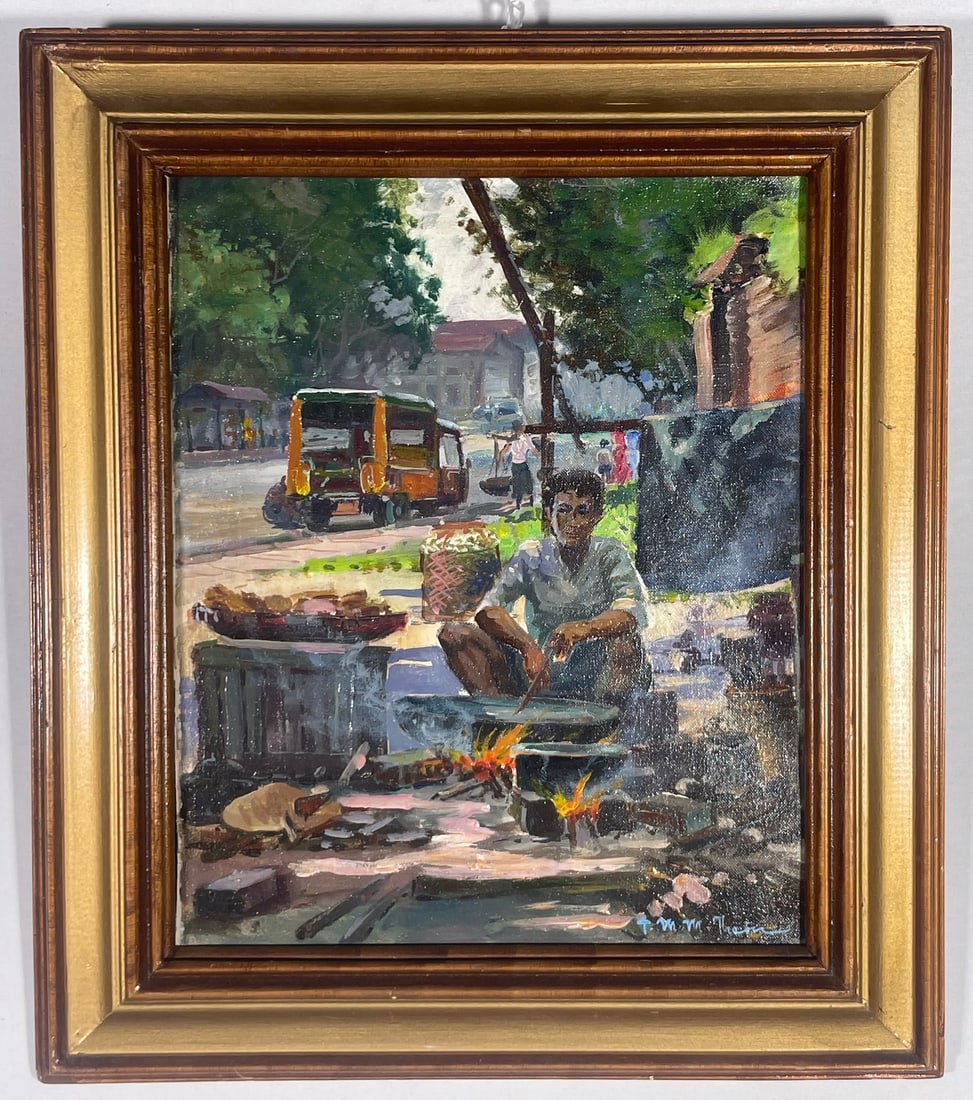 A Burmese Painting of Street Scene, Thein Maung: Oil on board, signed by the artist to the bottom right. Maung Maung Thein (b. 1938) is a noted Burmese painter and watercolorist who studied under the renowned artist Hsaya Myit, continuing a lineage 