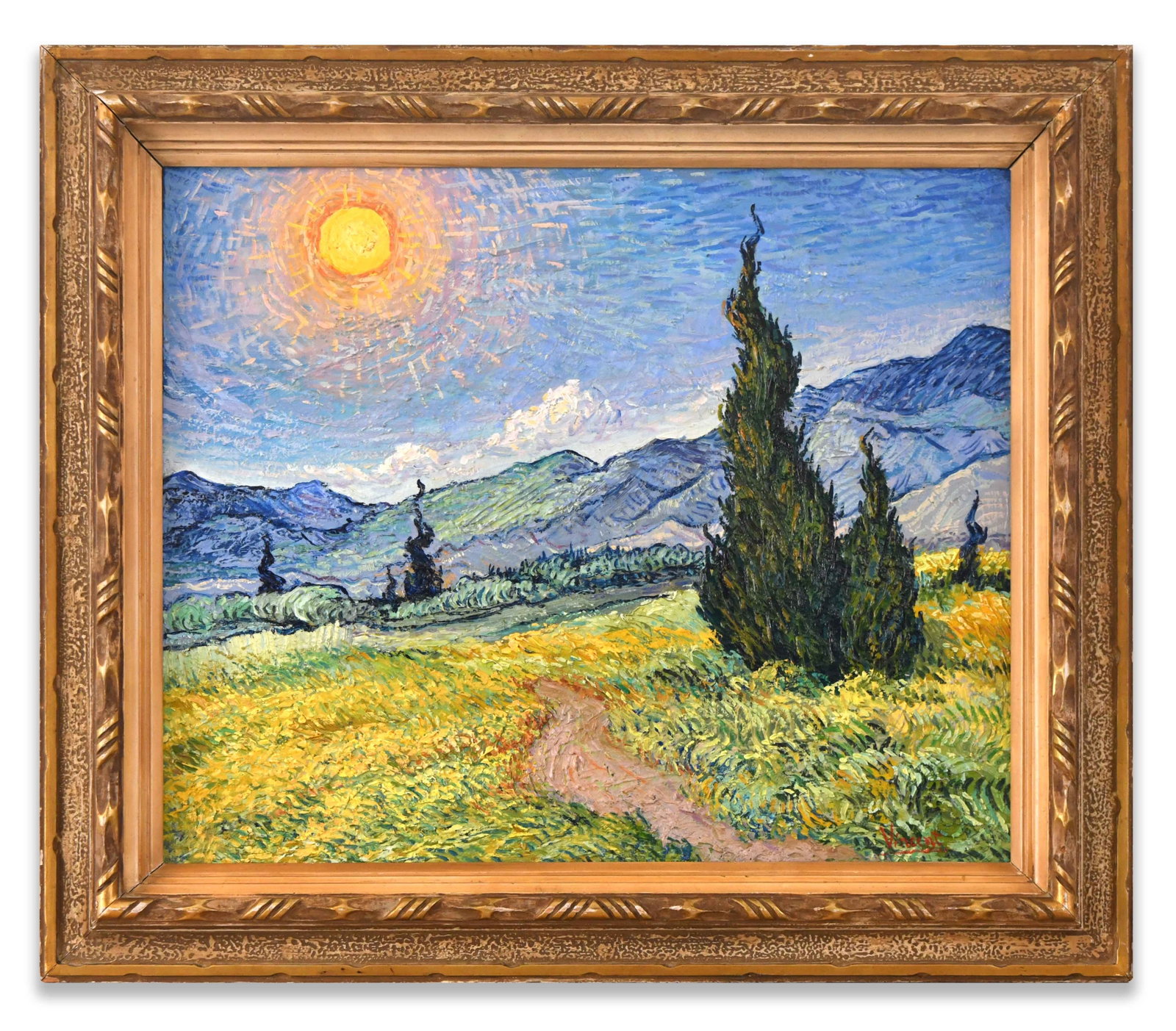 A Painting 'Wheat Field with Cypresses', Style of Vincent van Gogh: The composition presents a luminous countryside landscape beneath a radiant summer sun, where rolling fields, winding pathways, and towering cypress trees unfold before distant blue mountains. Thick, 