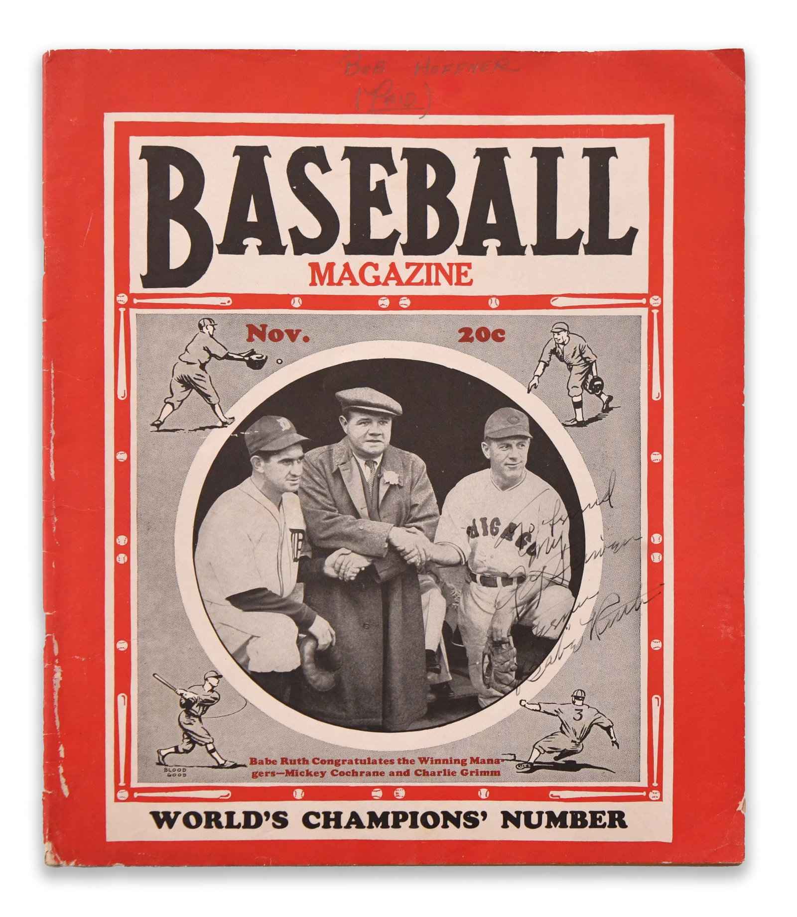 A November 1935 Issue of Baseball Magazine: The cover presents a black-and-white photographic montage of Babe Ruth standing between baseball managers Mickey Cochrane and Charlie Grimm, framed within a circular portrait and surrounded by illustr