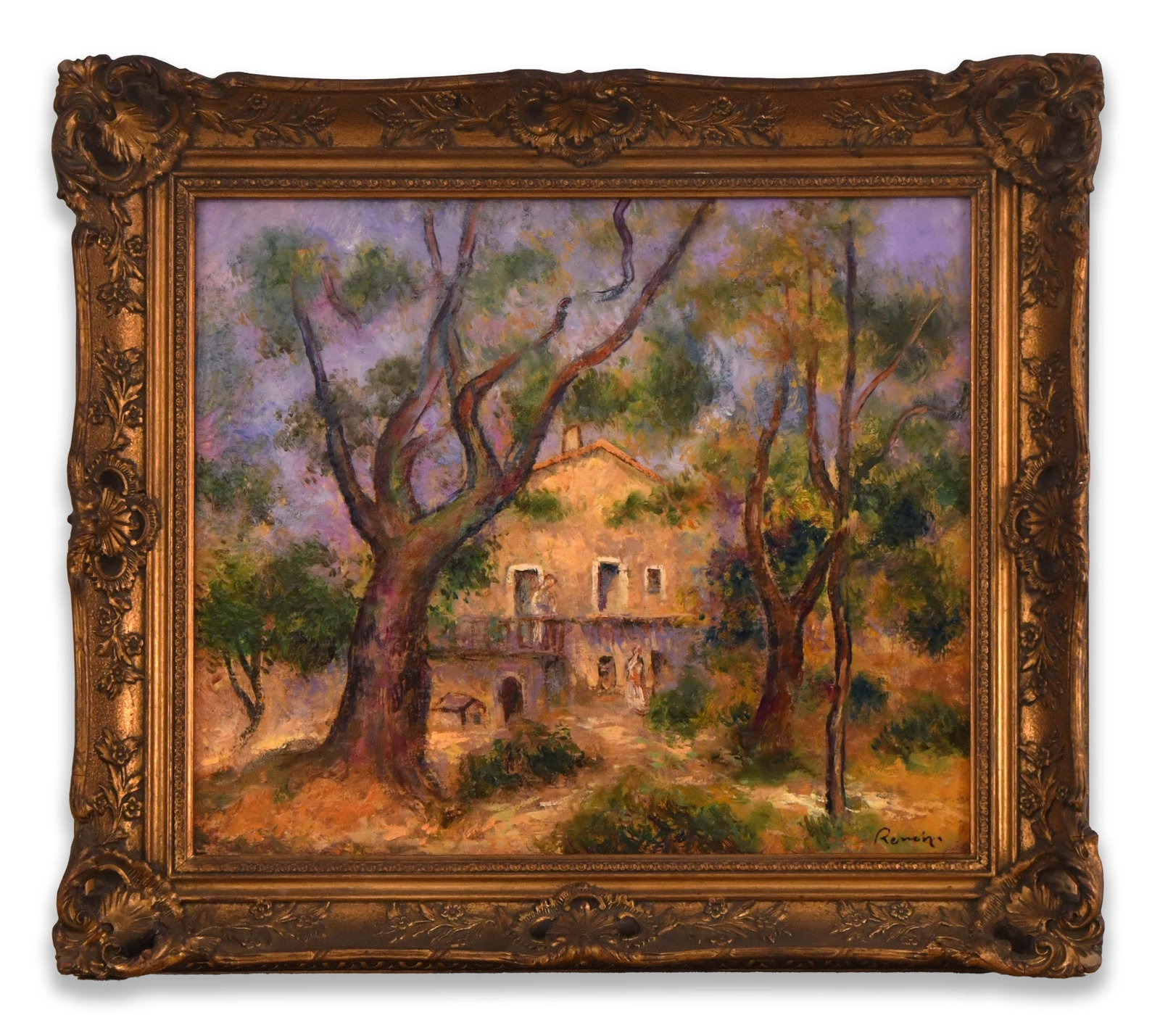 A Painting 'The Farm at Les Collettes, Cagnes', Style of Pierre-Auguste Renoir: The painting depicts a tranquil countryside residence nestled among mature trees, where twisting trunks frame a sunlit villa set within a peaceful woodland landscape. Warm ochres, soft greens, lavende