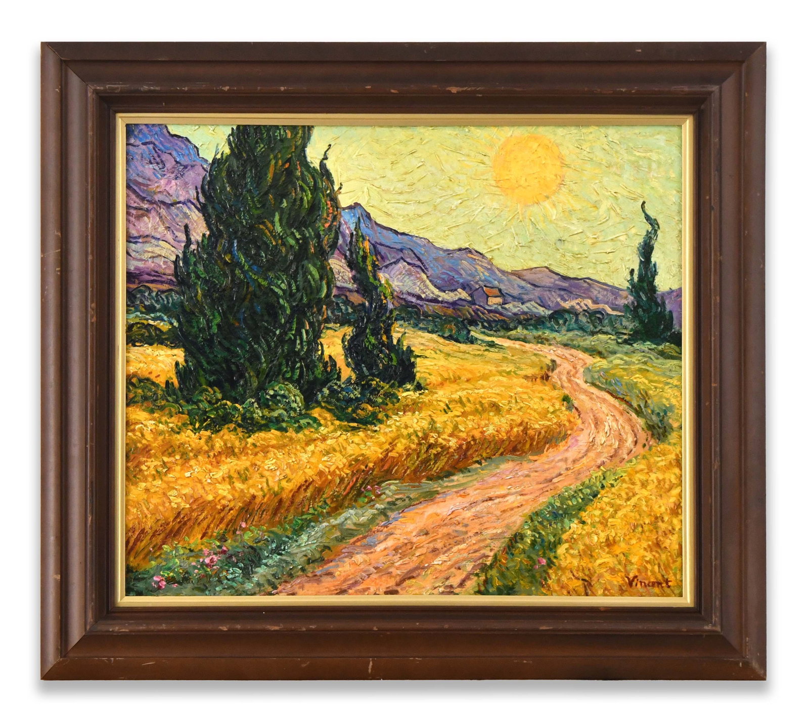 A Painting 'Wheat Field with Cypresses', Style of Vincent van Gogh: The composition depicts a winding country road passing through golden wheat fields beneath a brilliant summer sun, framed by towering cypress trees against distant violet mountains. Bold impasto brush
