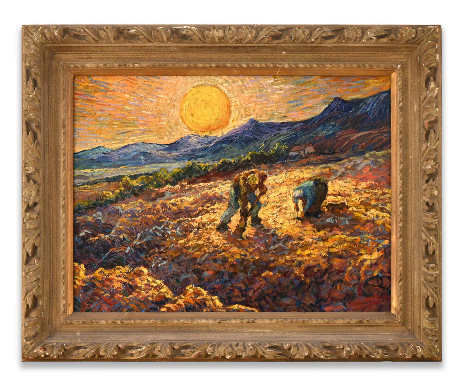 A Painting of Two Farmers, Style of Vincent van Gogh: The composition depicts two field workers harvesting beneath a radiant golden sun set against a sky alive with swirling strokes of orange, lavender, and blue. Rolling hills and rugged mountains frame 