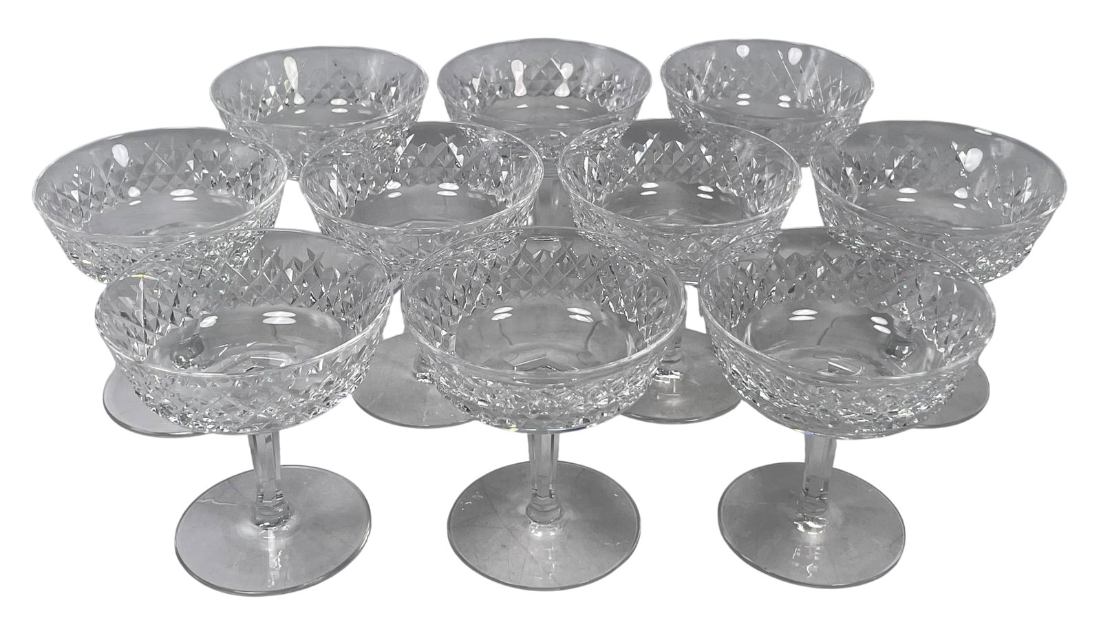 A Set of Ten Vintage Alana Champagne/Tall Sherbet by Waterford Crystal: Blown glass, crafted In Ireland, 4.1/4 in. high, 4 in. wide each.