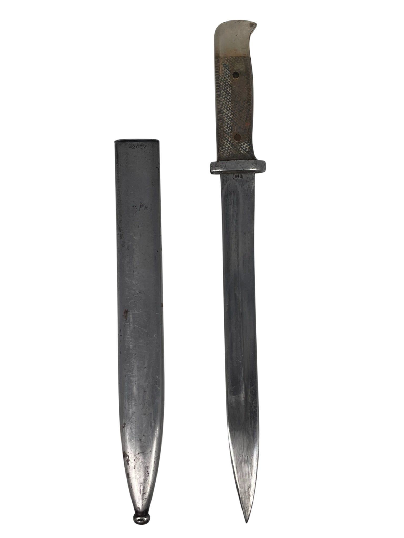 A German Mauser K98 WWII Bayonet, Marks 42 agv and JWH: The blade and scabbard are not a pair; mark 42 agv to the scabbard, indicating production by Berg & Co, Solingen-Ohligs; mark jwh to the blade, indicating production by Staatliche Waffenfabrik, Chatel