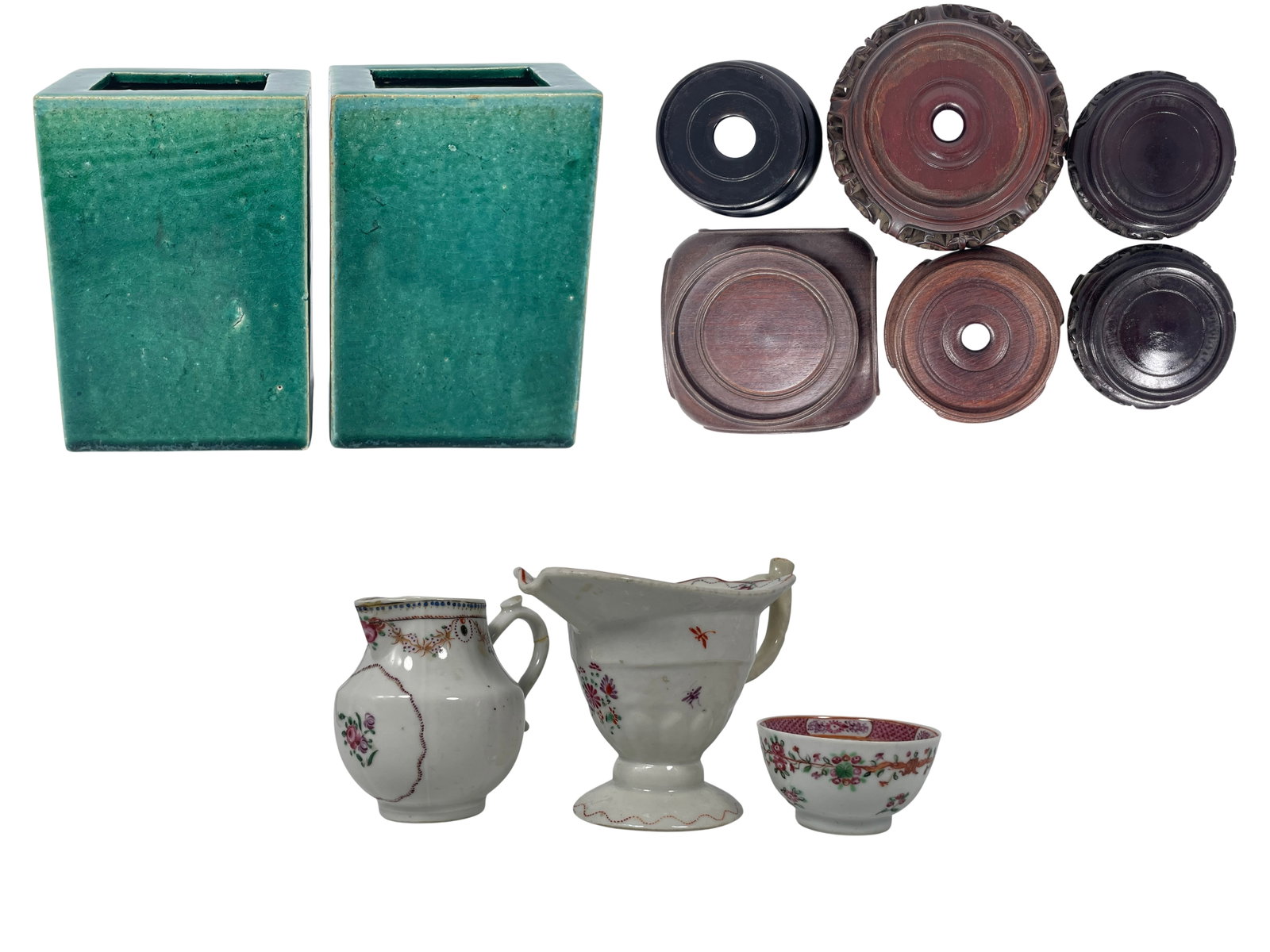 A Group of Eleven Chinese Objects: Comprising a pair of green-glazed porcelain pillow-form vases, 3.1/8 in. high, 6.7/8 in. wide, 4.5/8 in. deep each; a group of three Chinese export famille rose Porcelain ware: a helmet jug, 4.3/4 in.