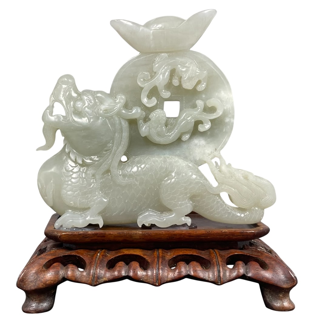 A Chinese Carved White Jade Figural Group of Dragon, Gold Ingot, and Coin (1 of 13)