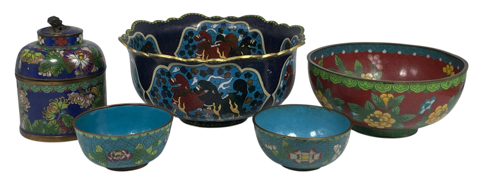 A Group of Five Chinese Cloisonne Enamel Ware: Comprising a large 'medallion' 'fish' bowl, 4.3/4 in. high, 10 in. wide; a circular 'flower' bowl, 3.5/8 in. high, 8.1/8 in. diam.; a jar and cover, 6 in. high, 4.1/2 in. wide; and two smaller bowls,