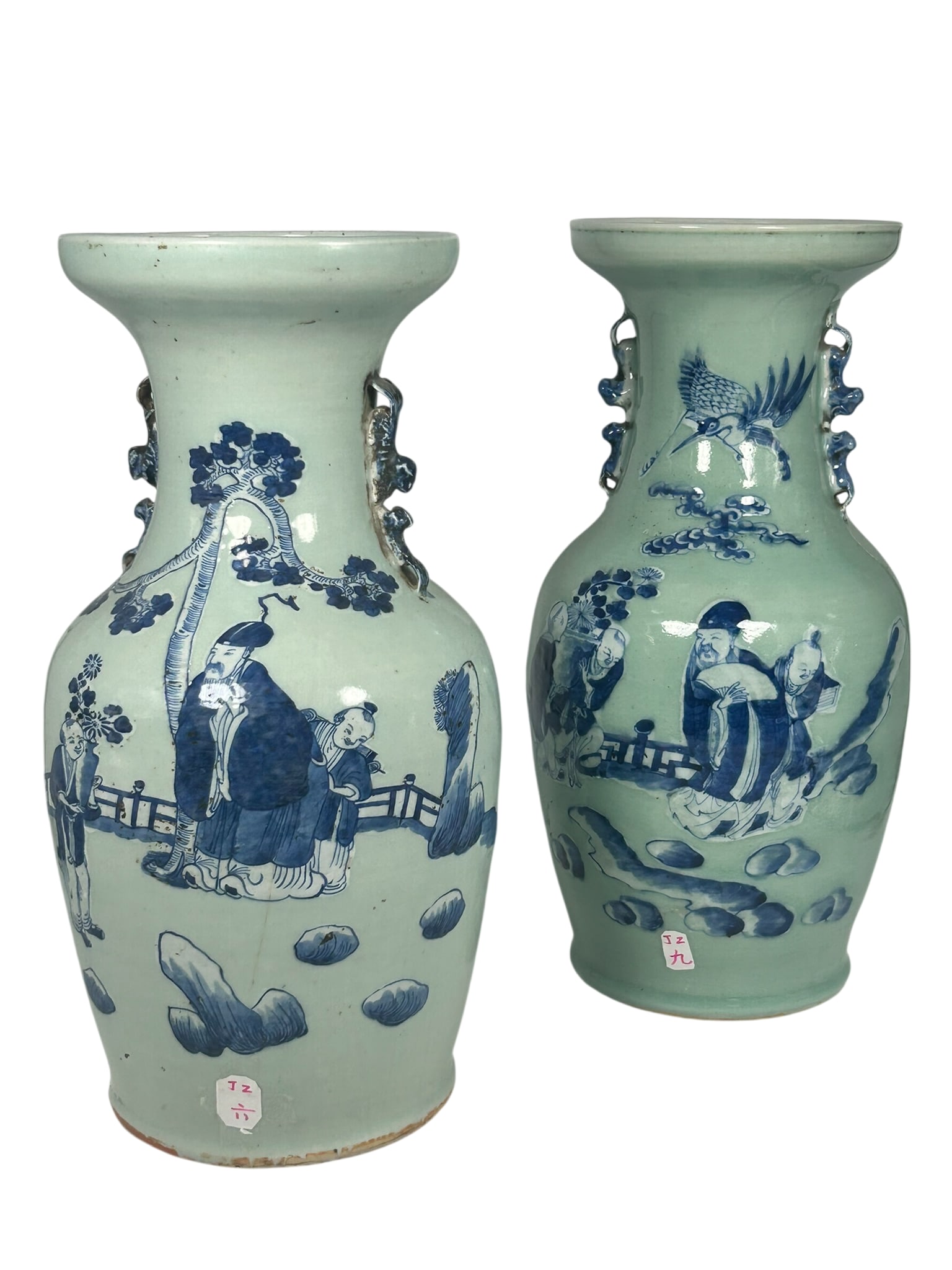 Two Chinese Blue and White 'Scholar and Attendants' Porcelain Vases: One measures 17.1/4 in. high, 7.1/2 in. wide; the other measures 17.1/4 in. high, 8 in. wide.