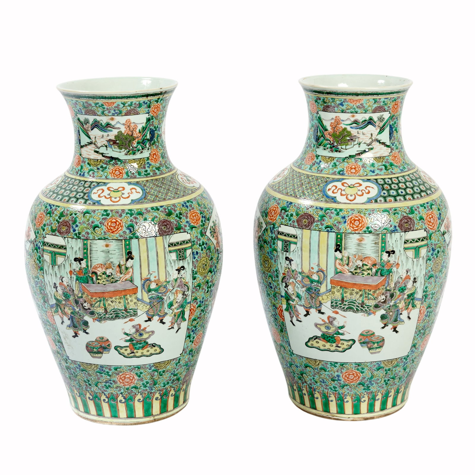 Doyle Provenance: A Pair of Chinese Large Famille Verte 'Medallion' 'Figural' Vases, Qing Dynasty: Decorated with scenes from The Romance of the Three Kingdoms and riverside landscapes within shaped cartouches, all reserved against a ground of scrolling leafy tendrils and blossoms. 23.1/2 in. high,