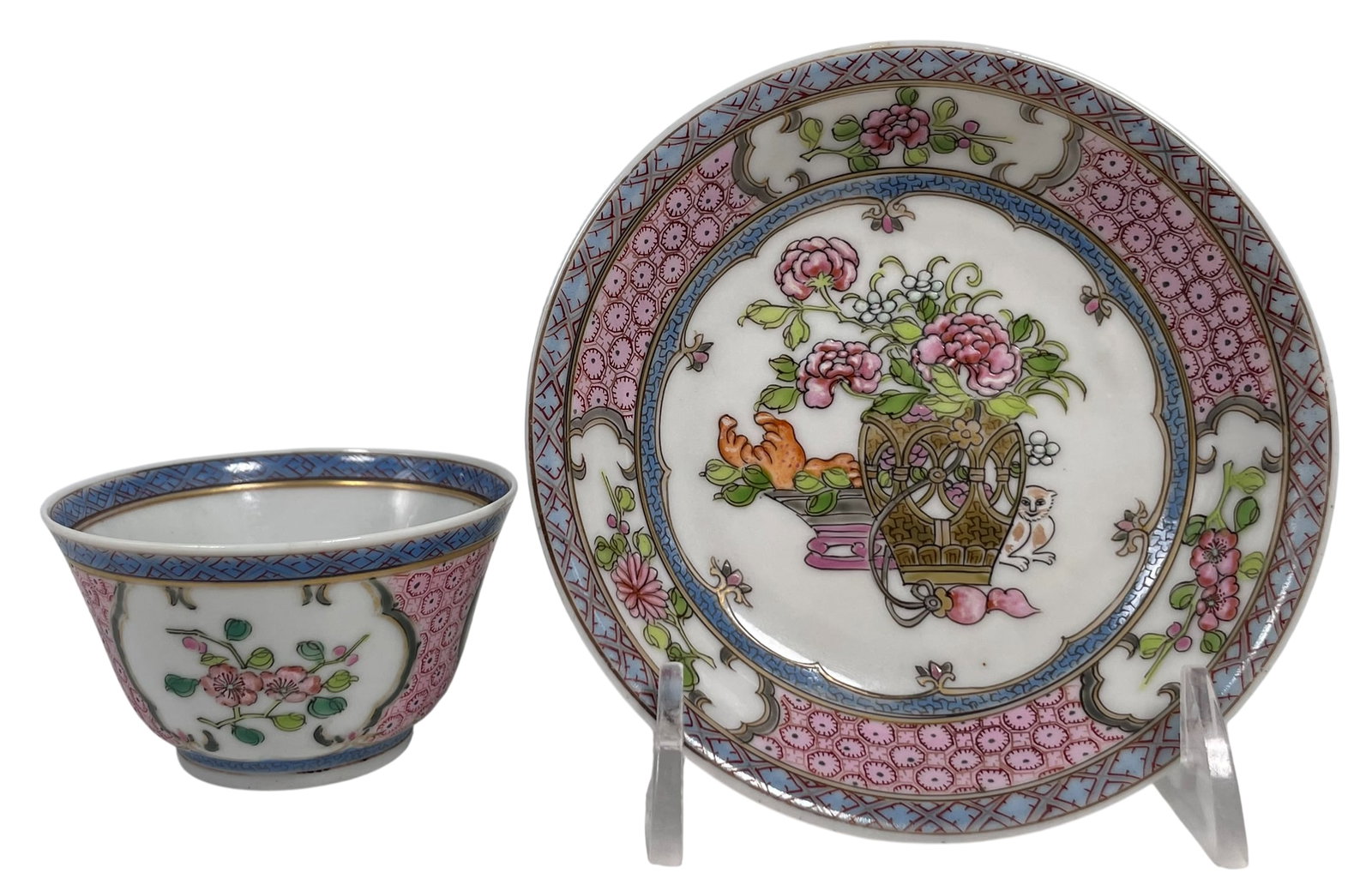 A Set of Chinese Export Famille Rose 'Medallion' 'Flower' Tea Cup and Saucer, Qing Dynasty, 18th: The cup measures 1.1/2 in. high, 2.1/2 in. diam.; the saucer measures 4.1/8 in. diam.