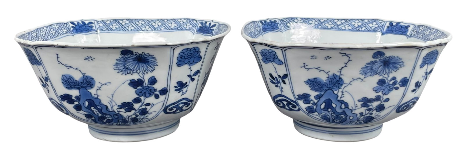 A Pair of Chinese Blue and White 'Medallion' 'Lotus Pond' Porcelain Square Bowls, Kangxi Period,: Apocryphal Chenghua marks on the bottoms. 3 in. high, 5.1/2 in. square each.