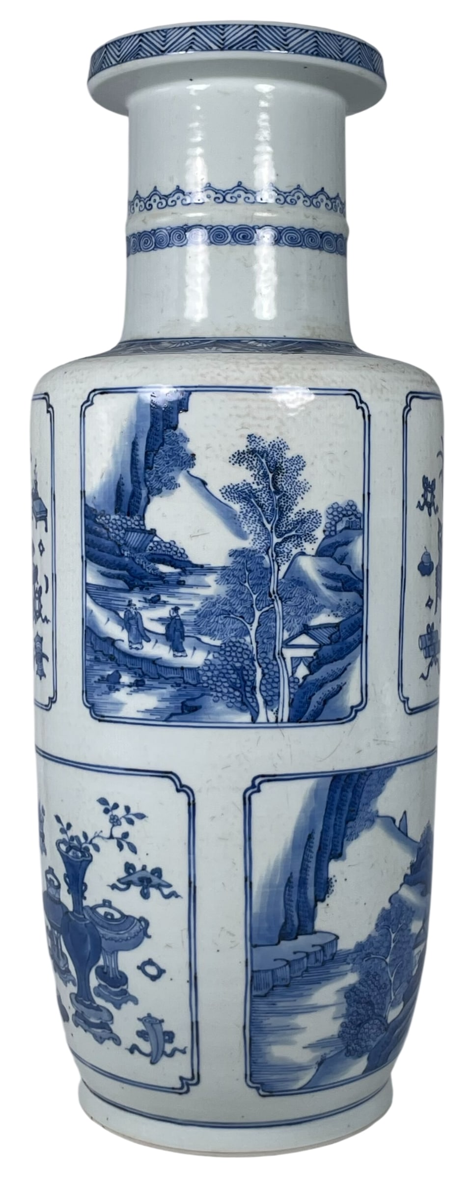 A Large Chinese Blue and White 'Medallion' Porcelain Rouleau Vase, Kangxi Period, Qing Dynaty: 19.1/4 in. high, 7.3/4 in. wide.