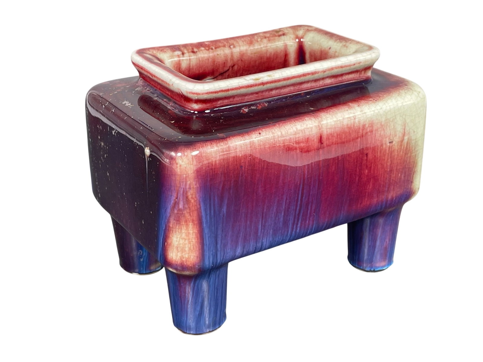 A Chinese Flambe-Glazed Rectangular Porcelain Censer, Late Qing Dynasty/Republic Period: 4.3/8 in. high, 5.1/4 in. wide.