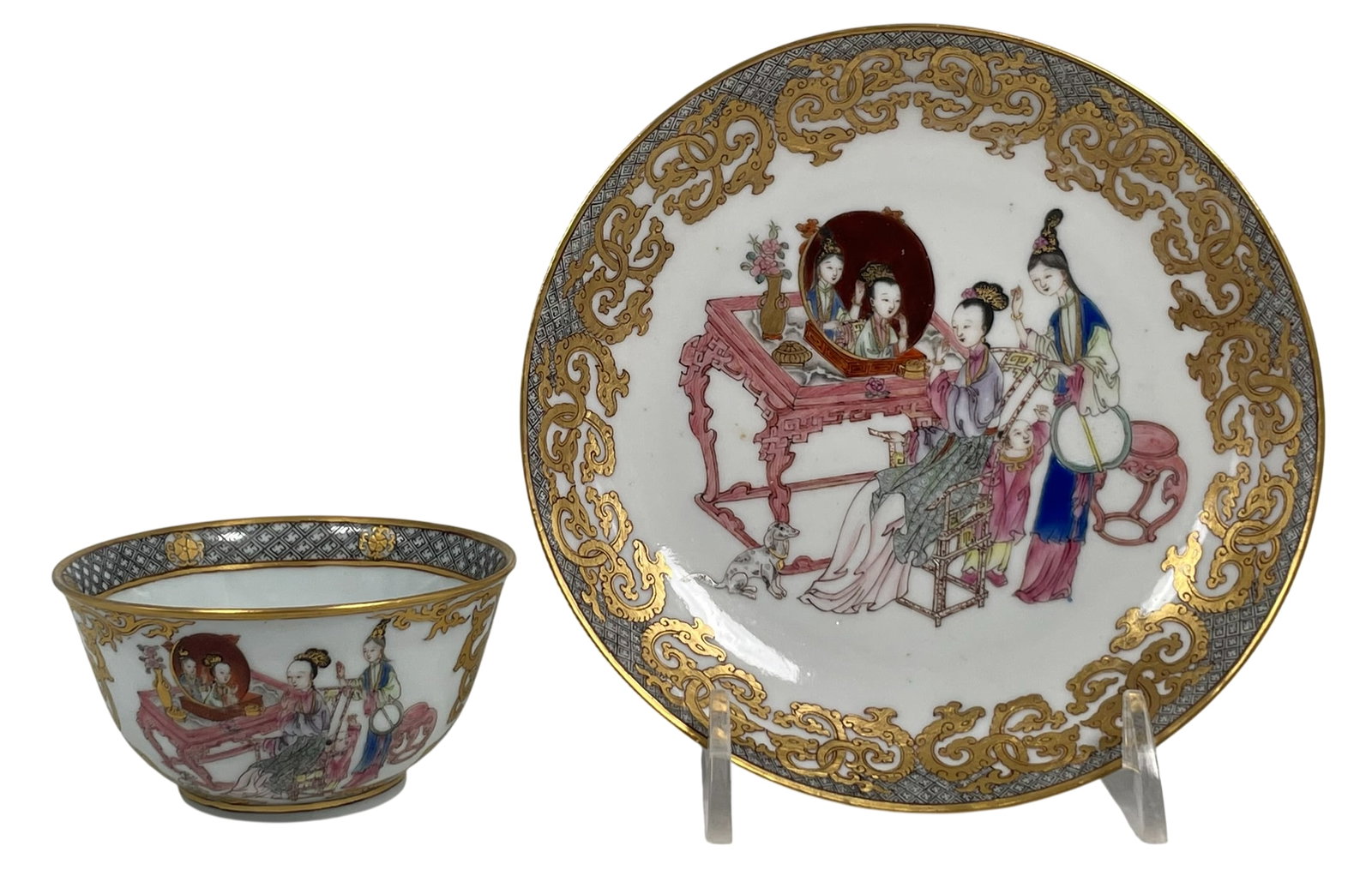 A Set of Chinese Export Famille Rose Gilt-Decorated 'Ladies' Porcelain Cup and Saucer, 18th Century,: The cup measures 1.1/2 in. high, 2.3/4 in. diam.; the saucer measures 5.1/8 in. diam.