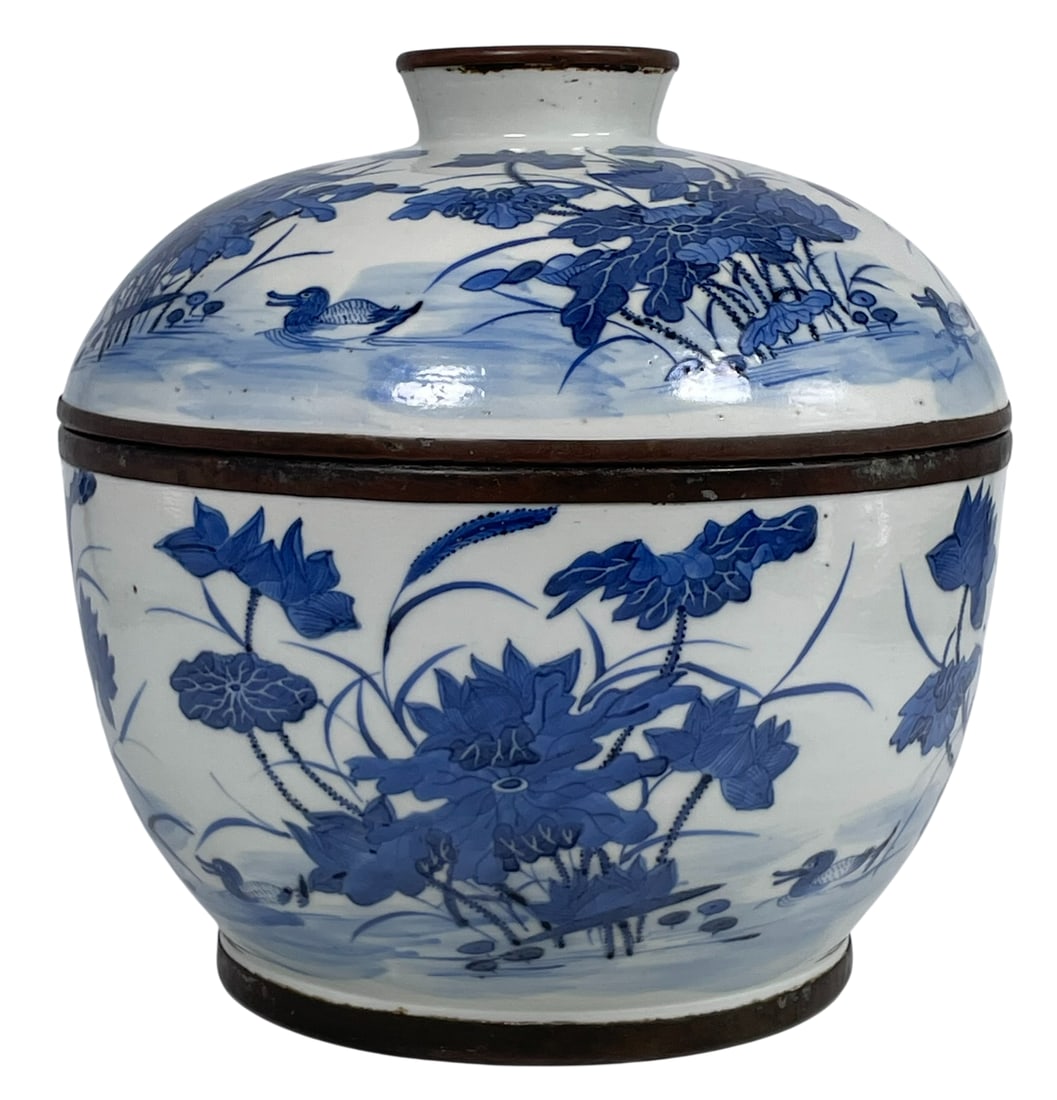 A Chinese Large Blue and White 'Lotus Pond' Bowl and Cover, Mid-Qing Dynasty: 9.1/2 in. high, 9.1/2 in. wide.