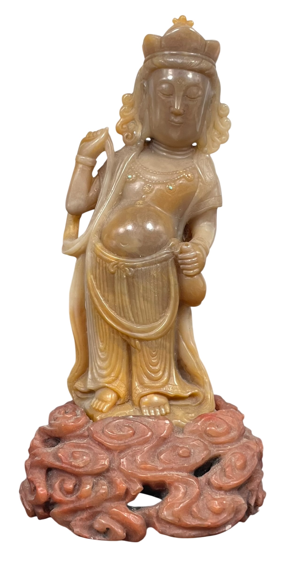 A Chinese Carved Soapstone Figure of Guanyin: With a carved stone stand. 4.3/8 in. high, 1.3/4 in. wide for the figure.