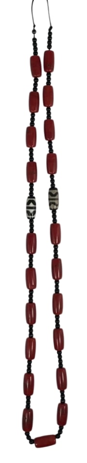 A Chinese Red Agate and Dzi-Beaded Necklace: 28 in. long overall.