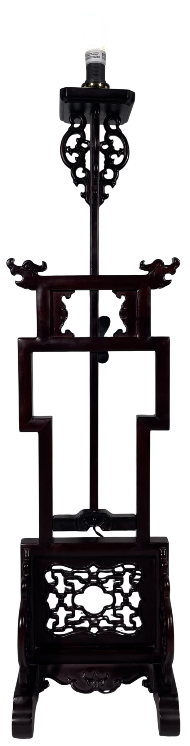 A Vintage Chinese Carved Wood Wash Basin Stand: Has been repurposed into a floor lamp. 56 in. high, 14 in. wide, 12 in. deep overall.