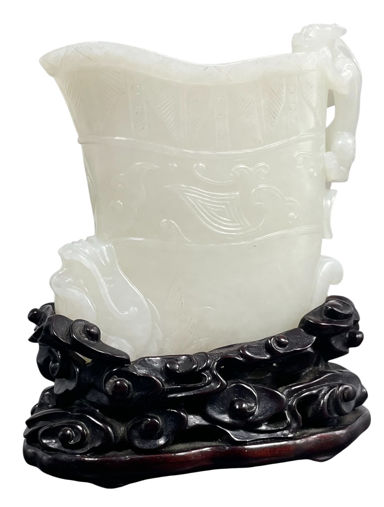 A Chinese Carved White Jade 'Dragon' Vessel, Gong: With a wood base. The vessel measures 3.1/4 in. high, 3.1/4 in. wide.