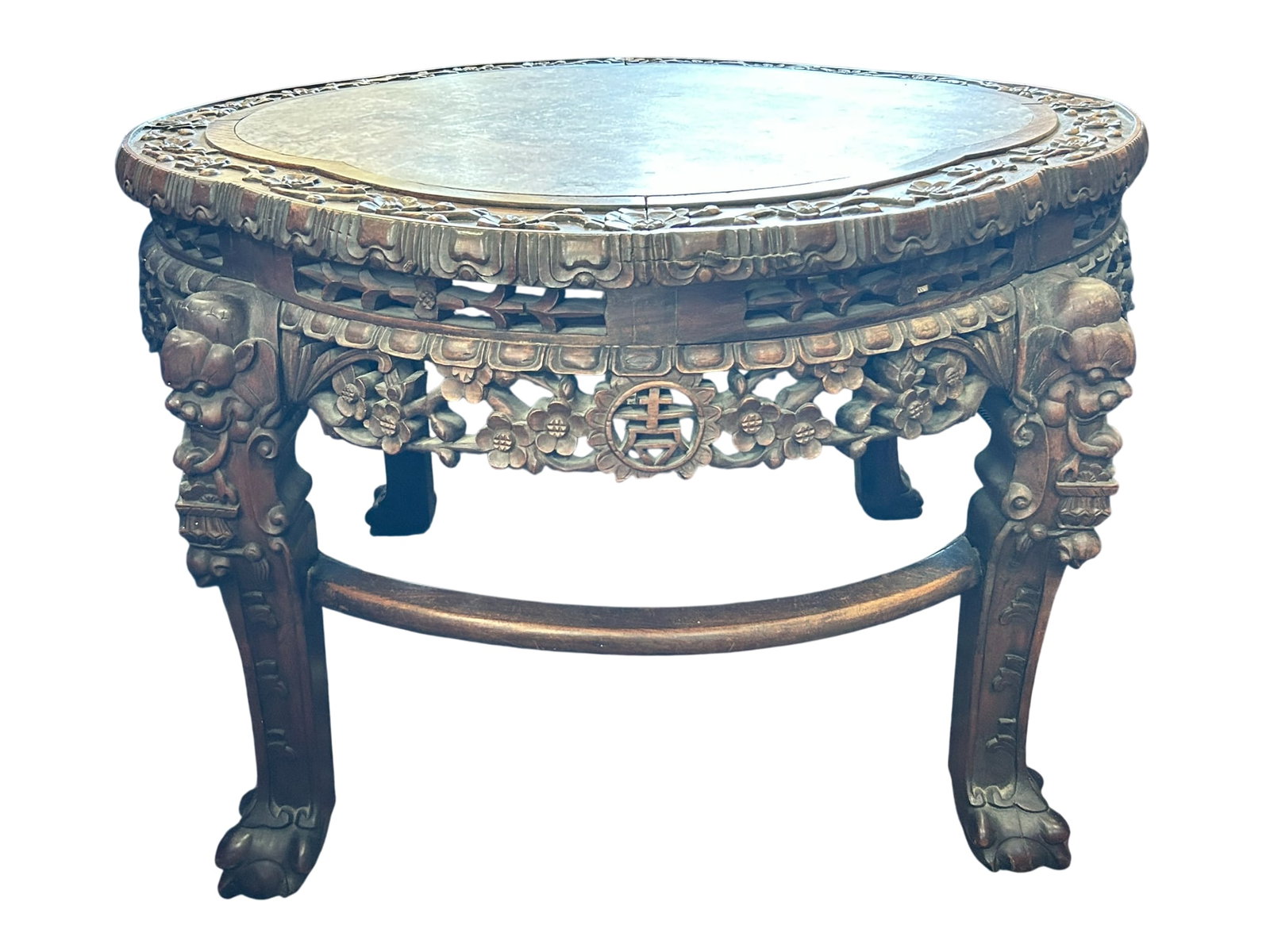 A Chinese Large Marble-Inset Carved Wood Round Table (1 of 11)